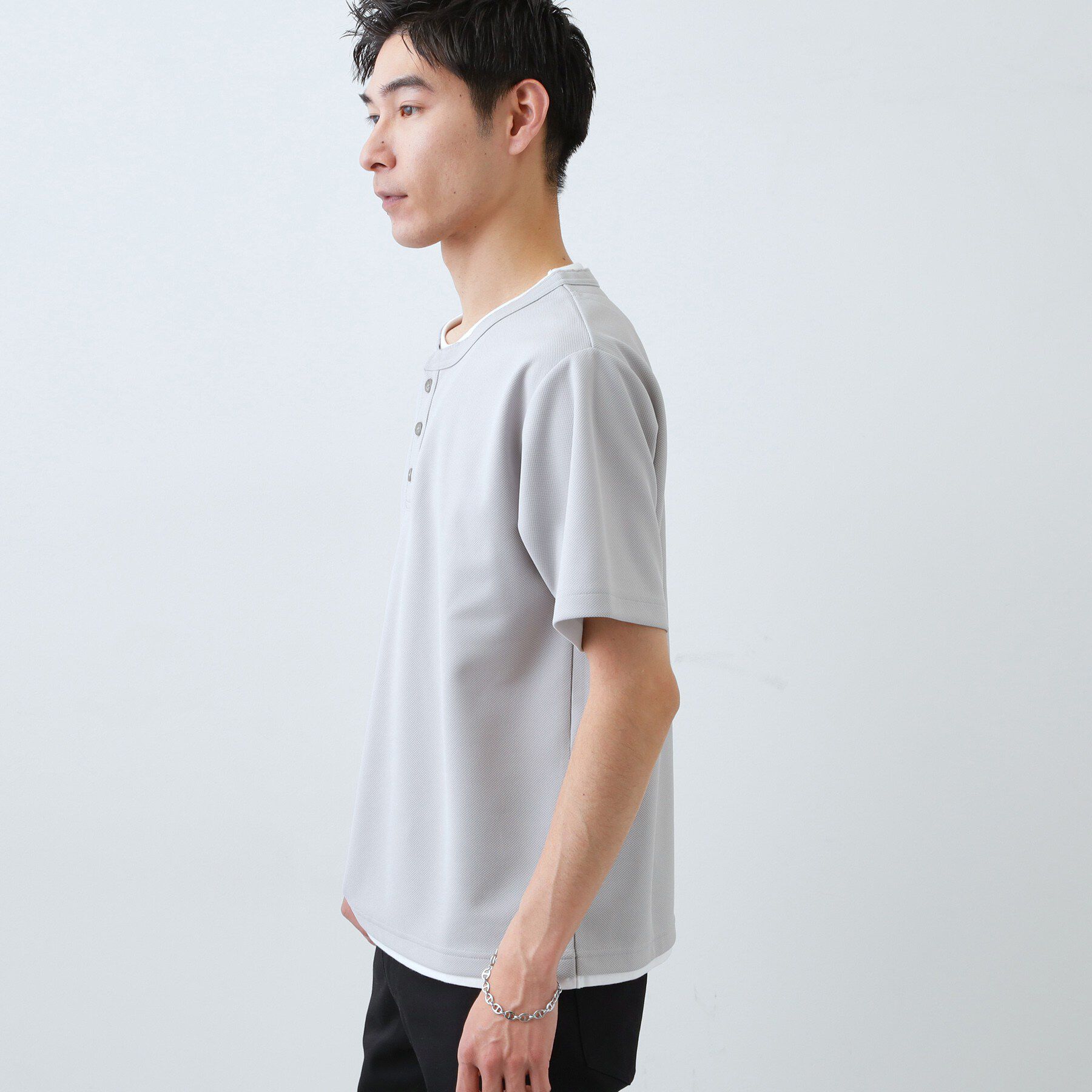 THE SHOP TK「【1枚でちゃんとして見える】ヘンリーネック レイヤード風 半袖Tシャツ 洗濯機OK」|Tシャツ・カットソー|