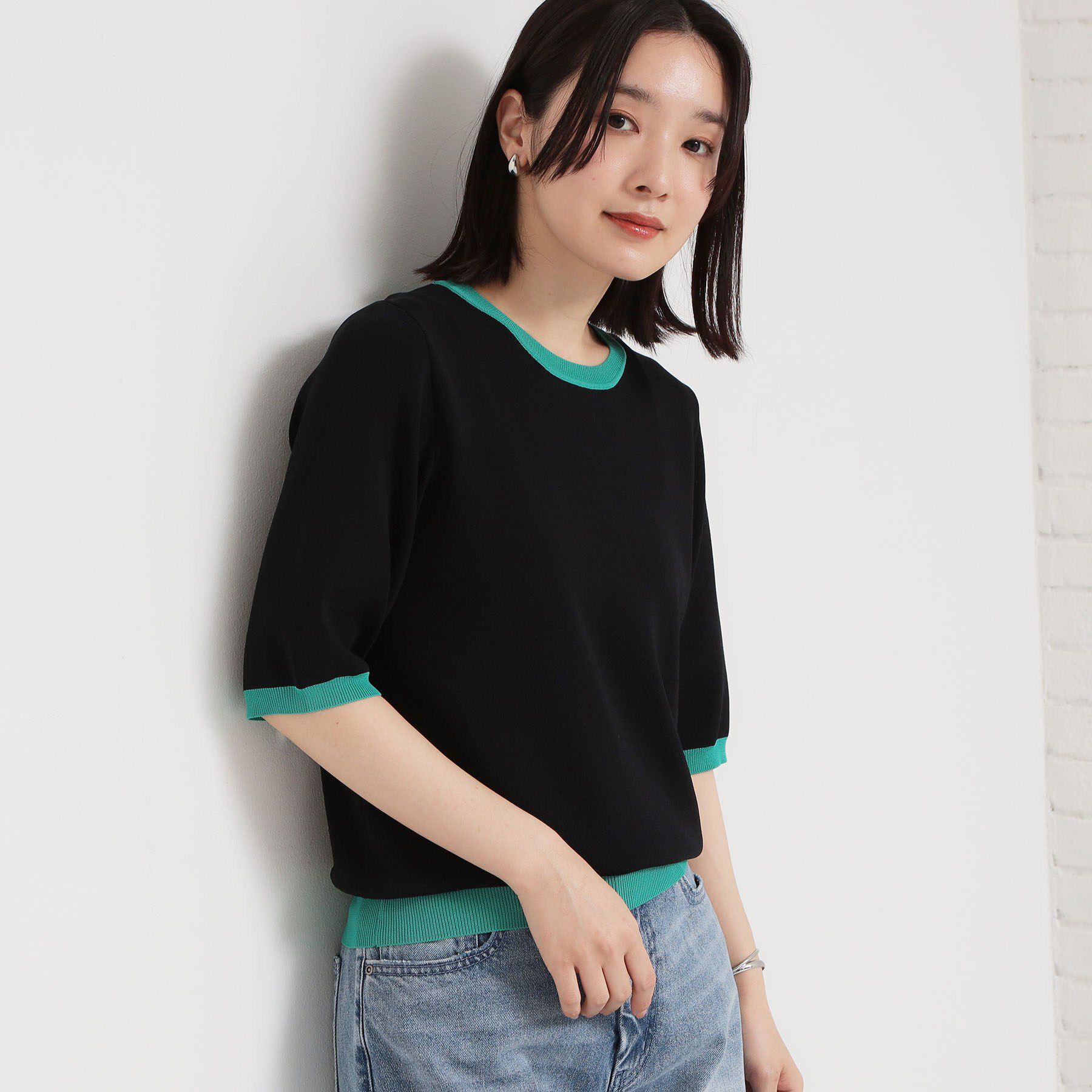 THE SHOP TK「【接触冷感/洗濯機OK/毛玉になりにくい/UV】さりげないラインで品よく映える 配色5分袖ニット」|ニット・セーター|