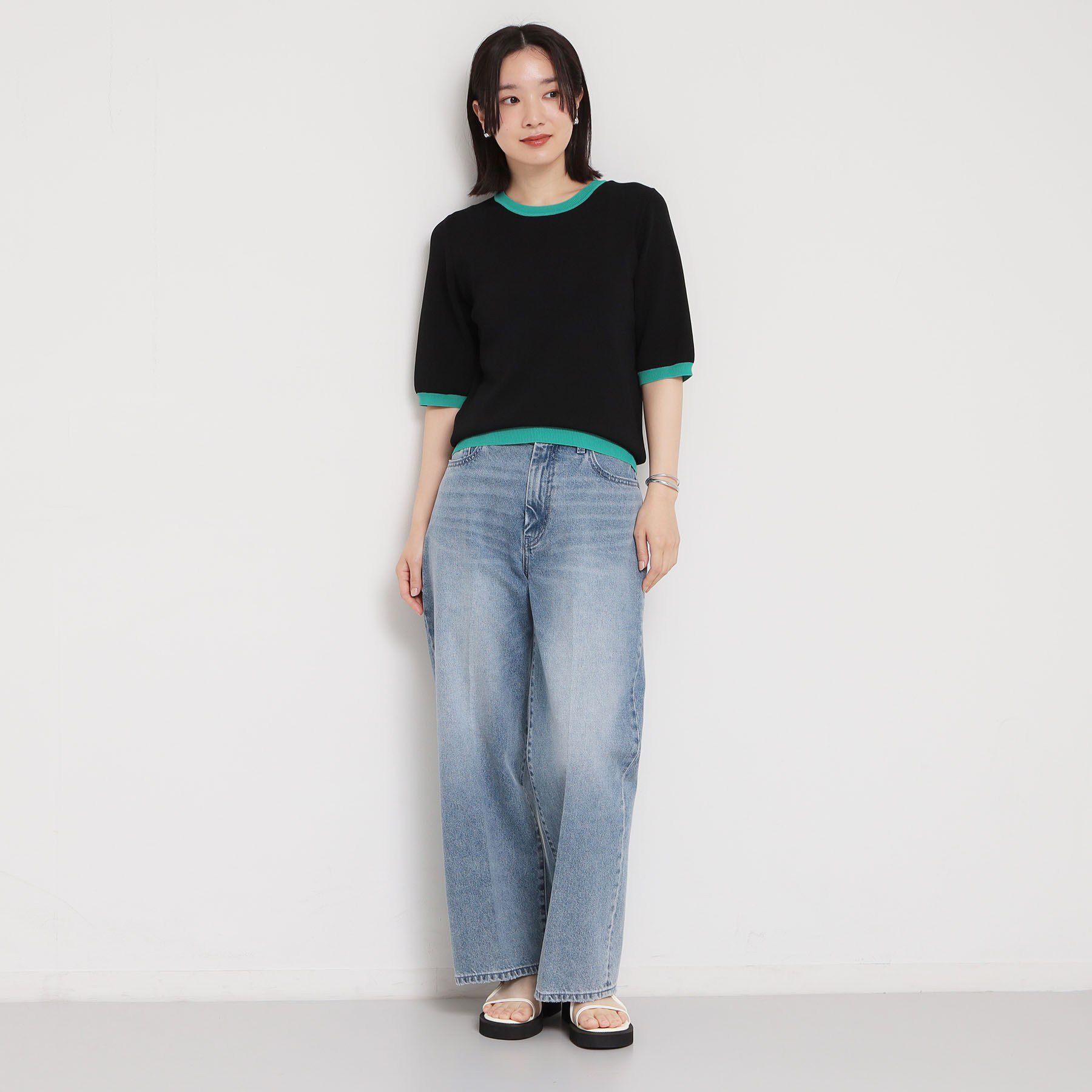 THE SHOP TK「【接触冷感/洗濯機OK/毛玉になりにくい/UV】さりげないラインで品よく映える 配色5分袖ニット」|ニット・セーター|