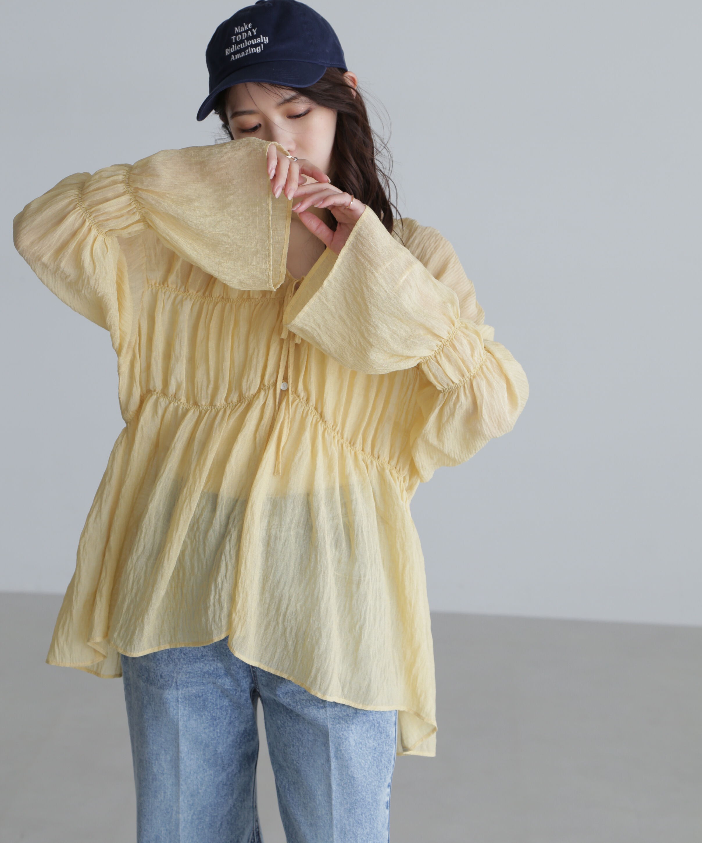  「シャーリングドロストチュニックブラウス」|シャツ・ブラウス|イエロー