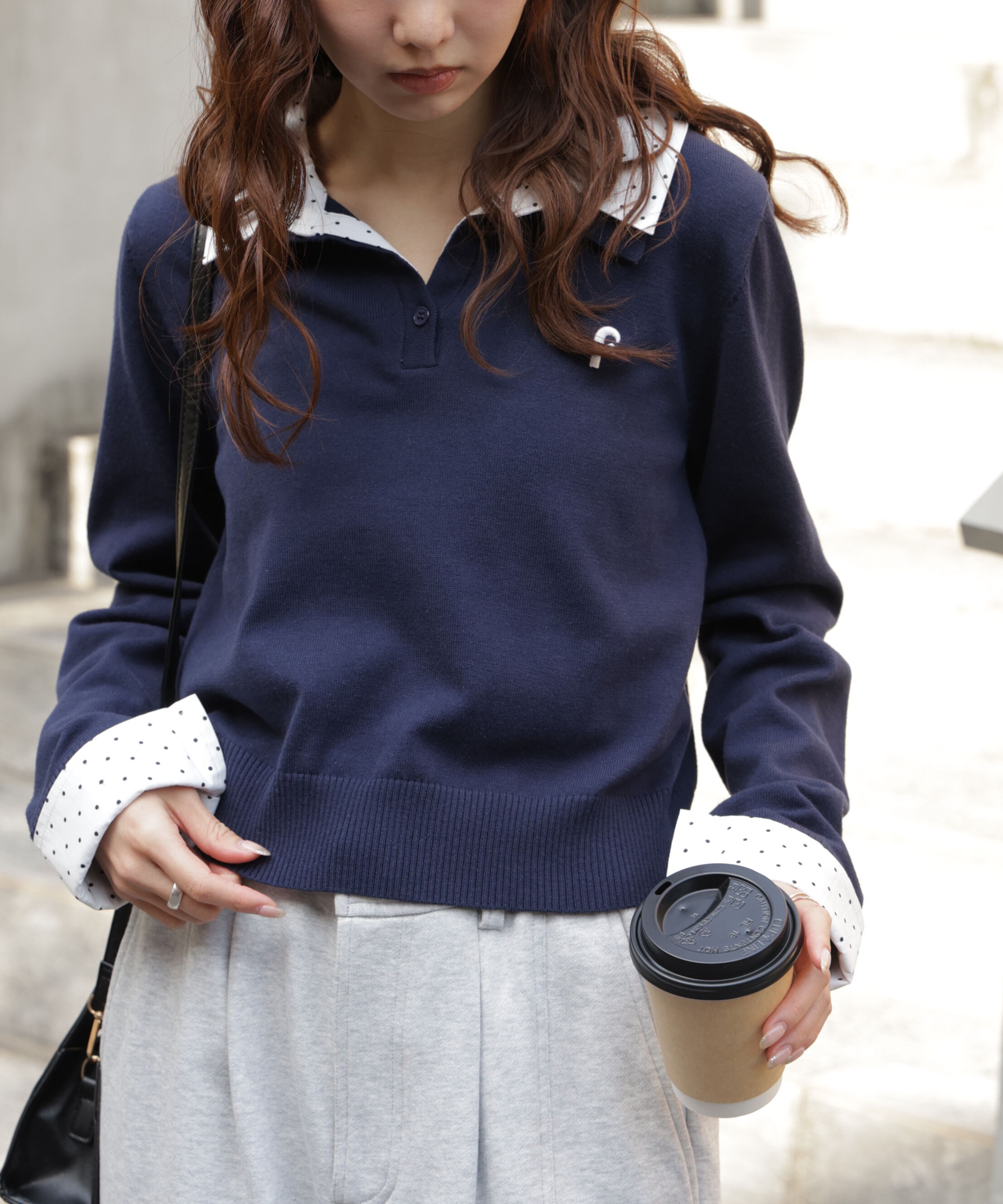  「衿付きレイヤード風ポロニット」|ニット・セーター|ネイビー&times;ド  1