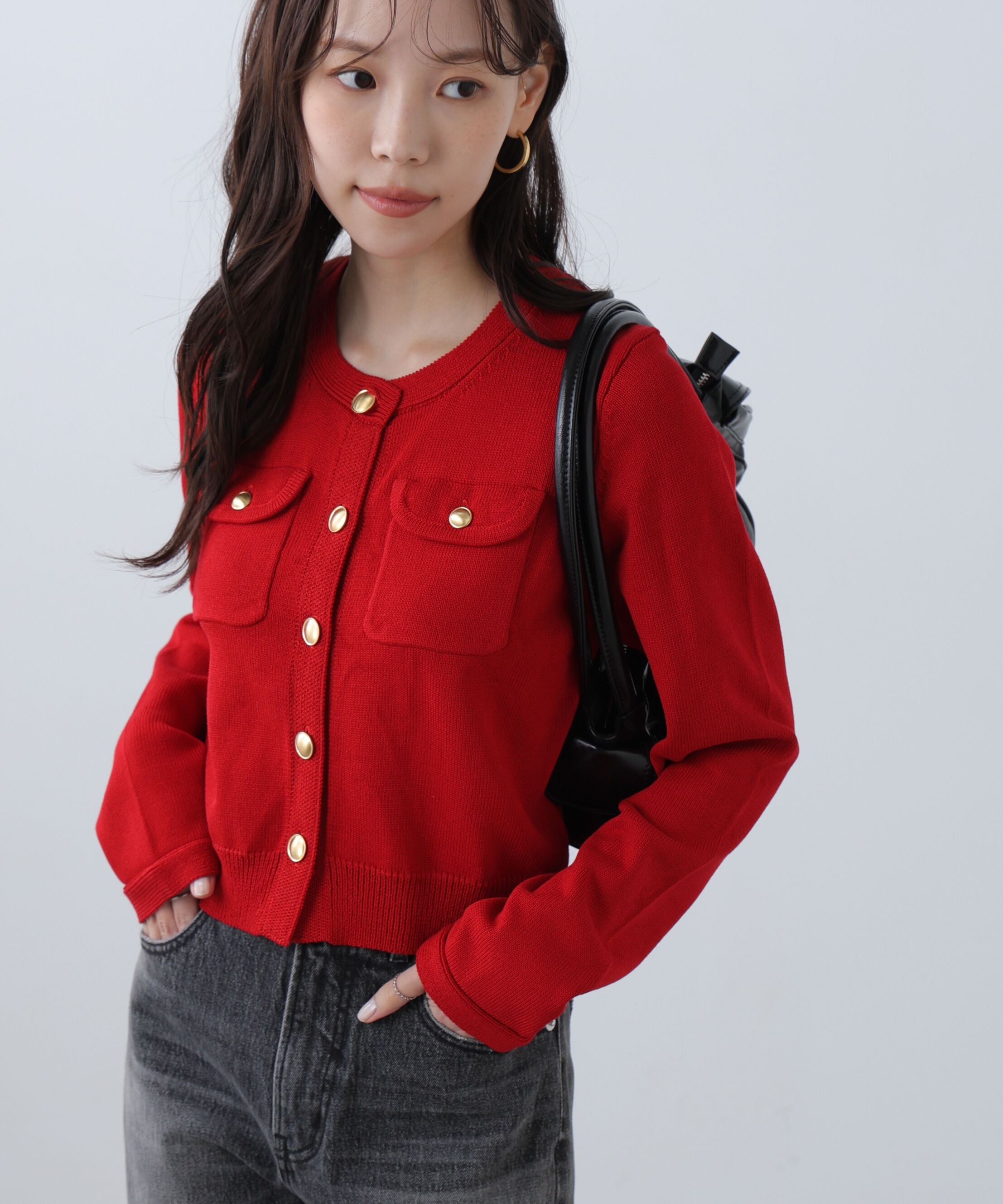  「フロントポケット金ボタンニットカーディガン」|ニット・セーター|レッド