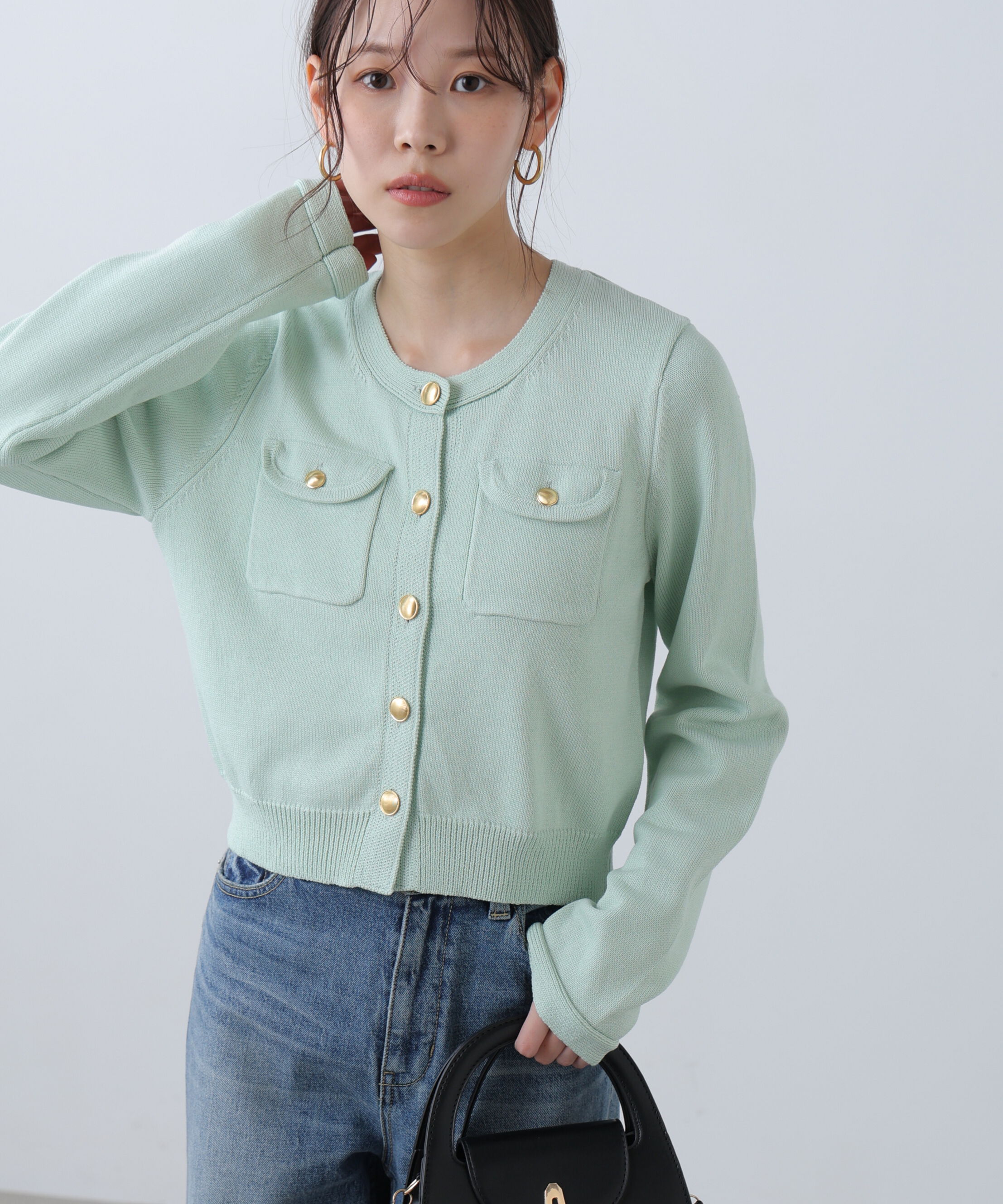  「フロントポケット金ボタンニットカーディガン」|ニット・セーター|ミント