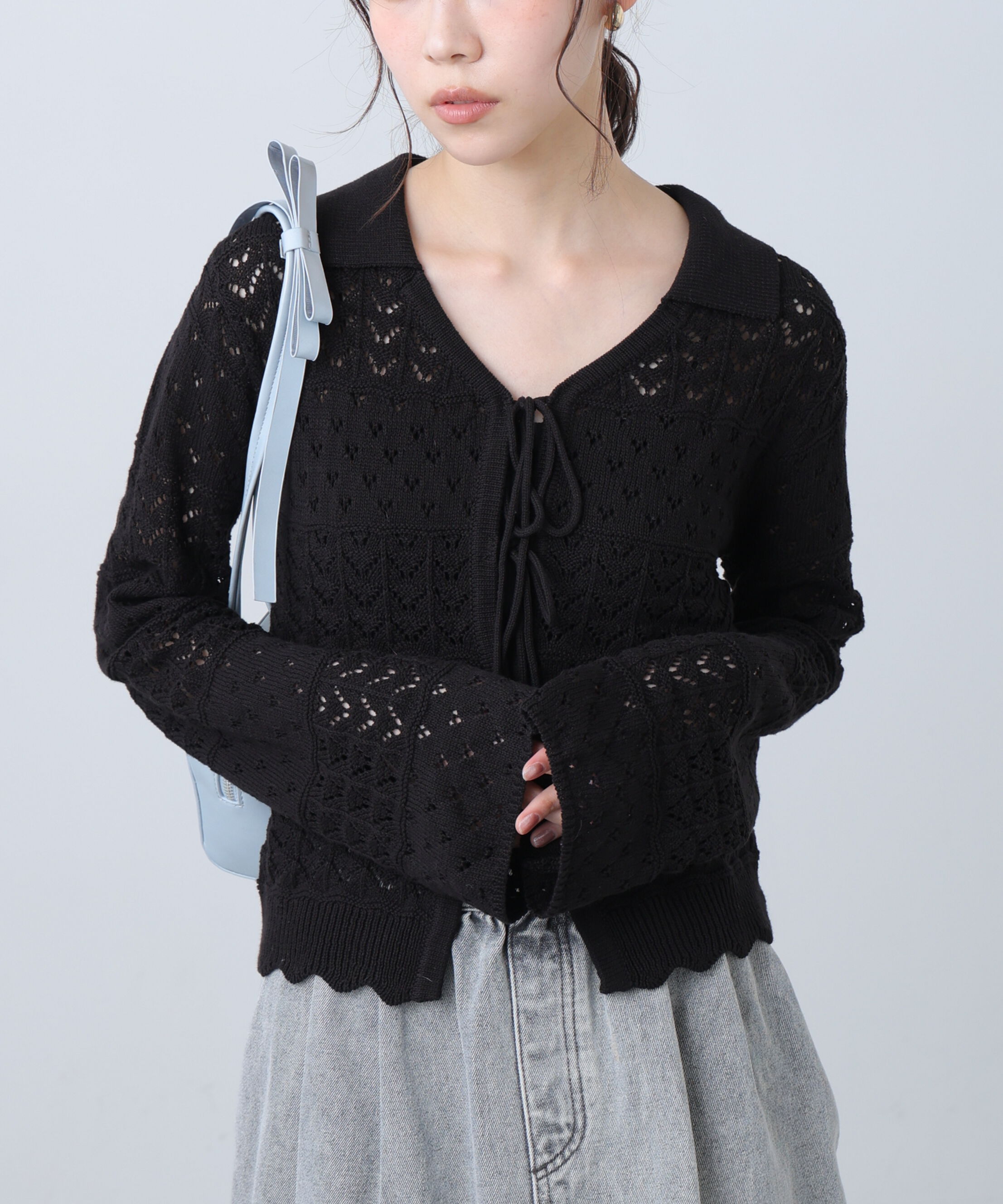  「透かし編み襟付きニットカーディガン」|ニット・セーター|