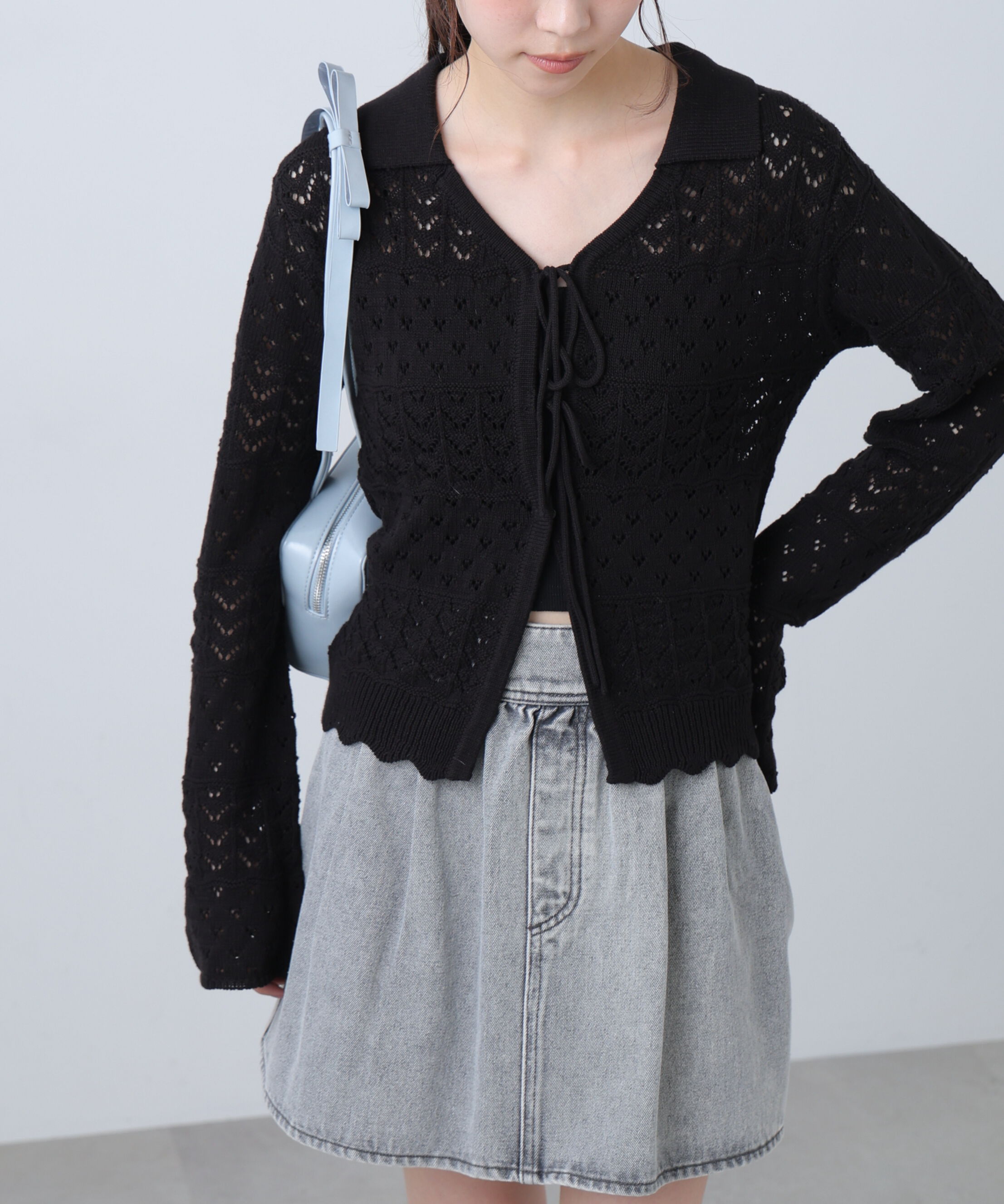 「透かし編み襟付きニットカーディガン」|ニット・セーター|