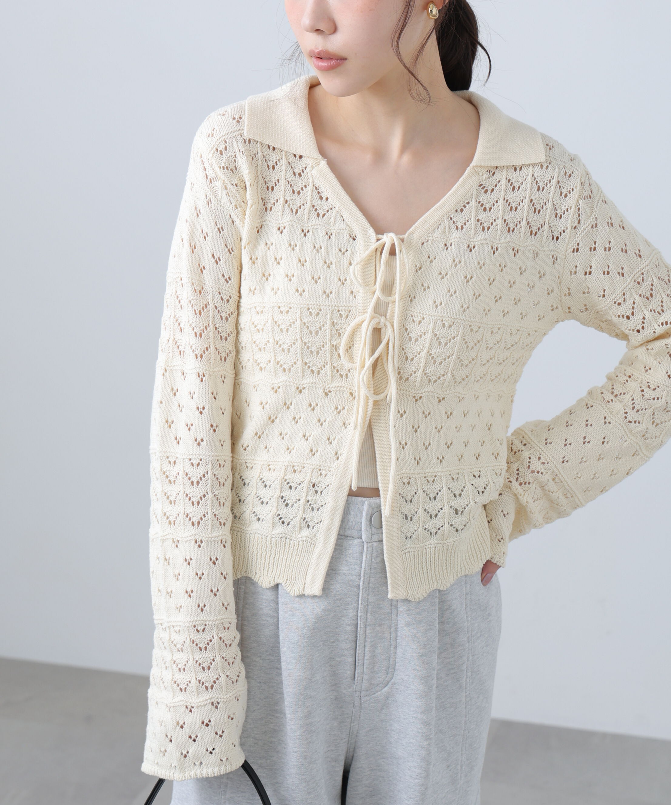  「透かし編み襟付きニットカーディガン」|ニット・セーター|
