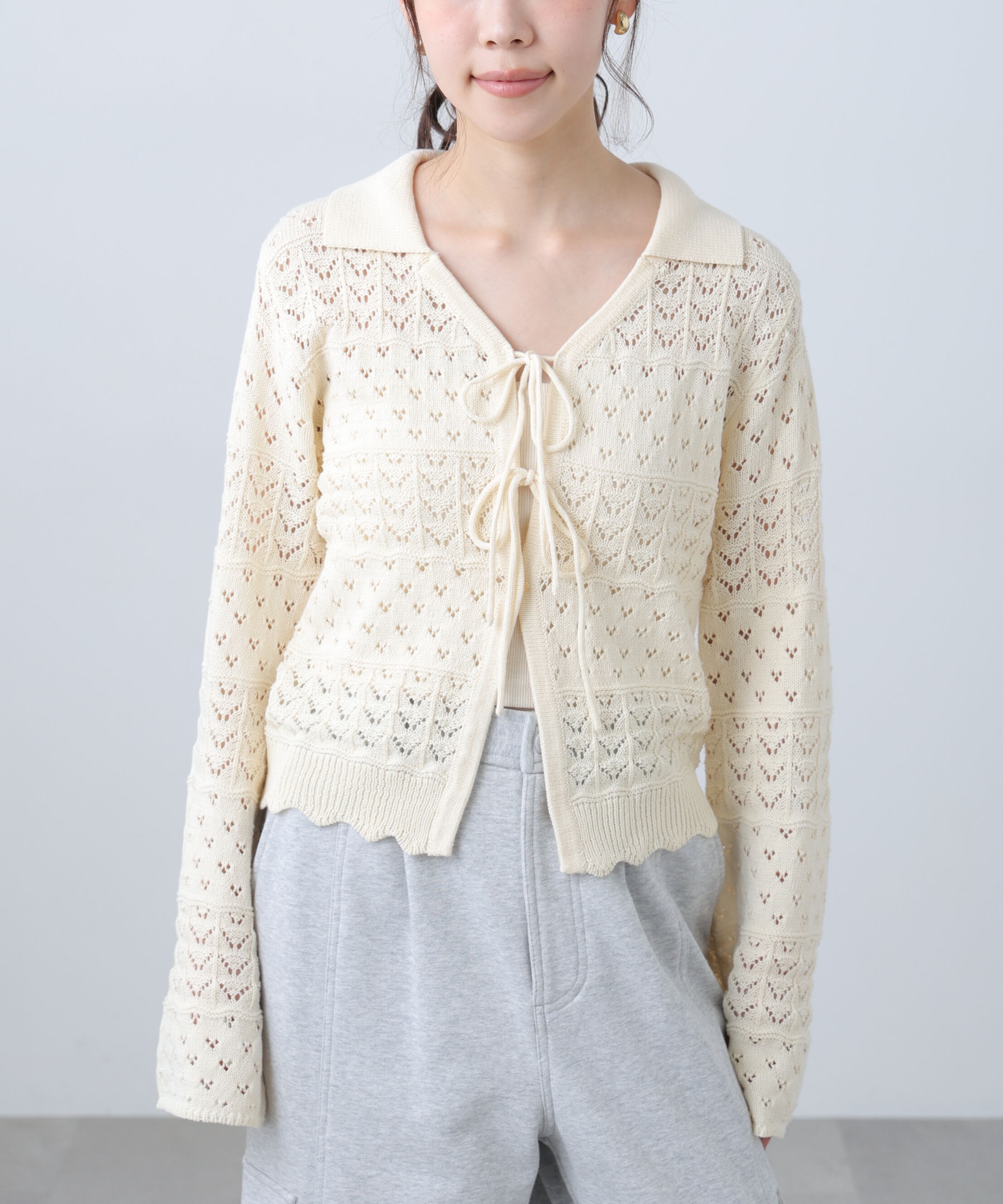  「透かし編み襟付きニットカーディガン」|ニット・セーター|