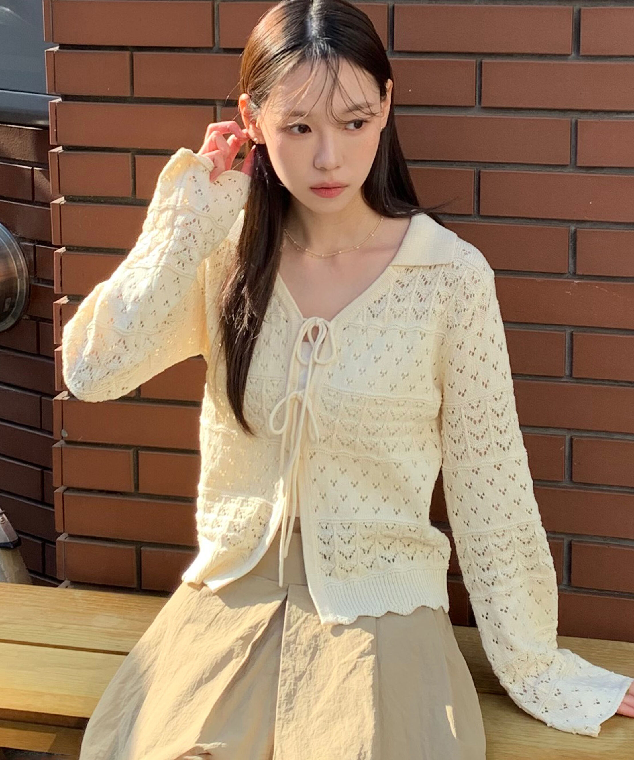  「透かし編み襟付きニットカーディガン」|ニット・セーター|