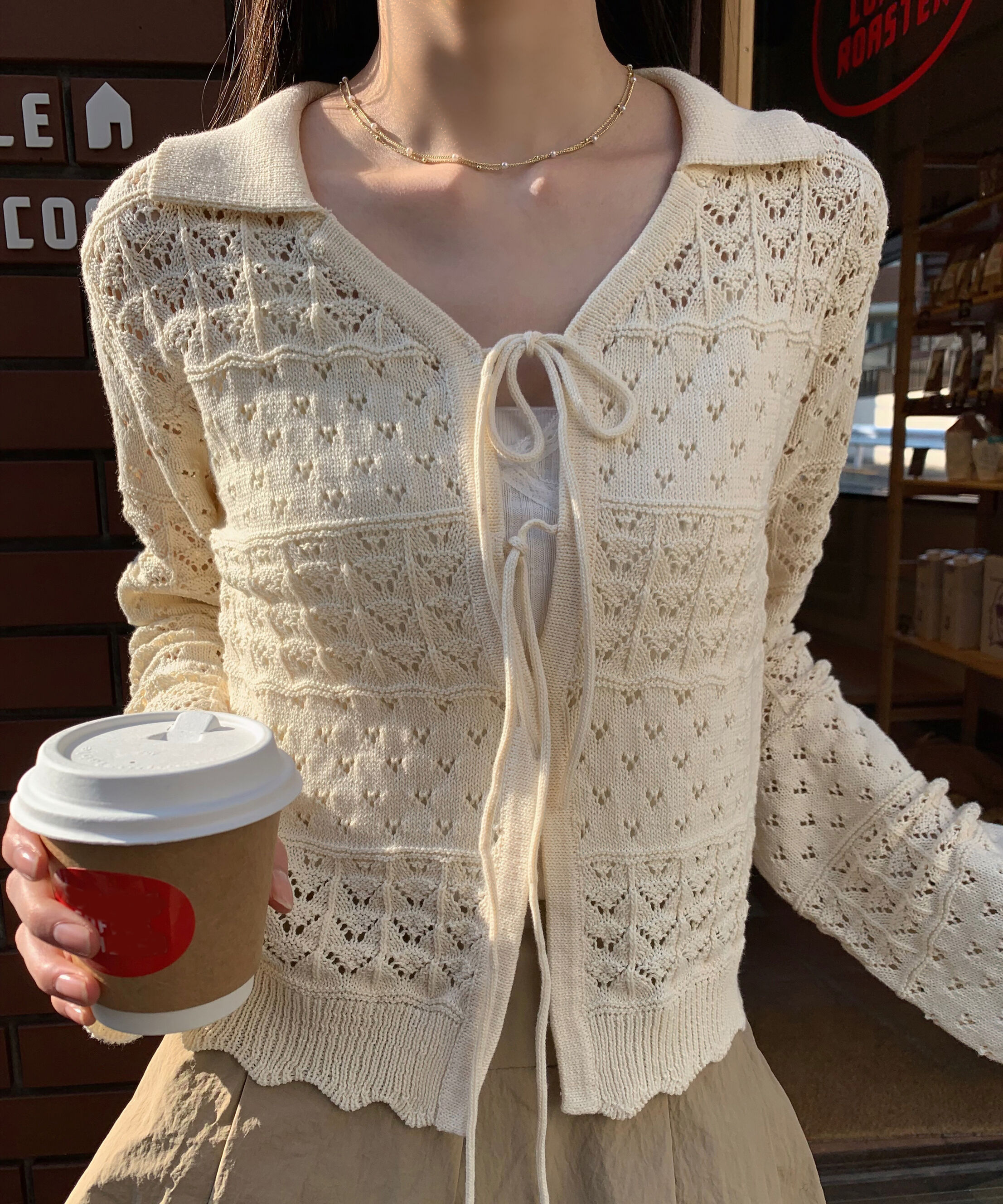  「透かし編み襟付きニットカーディガン」|ニット・セーター|