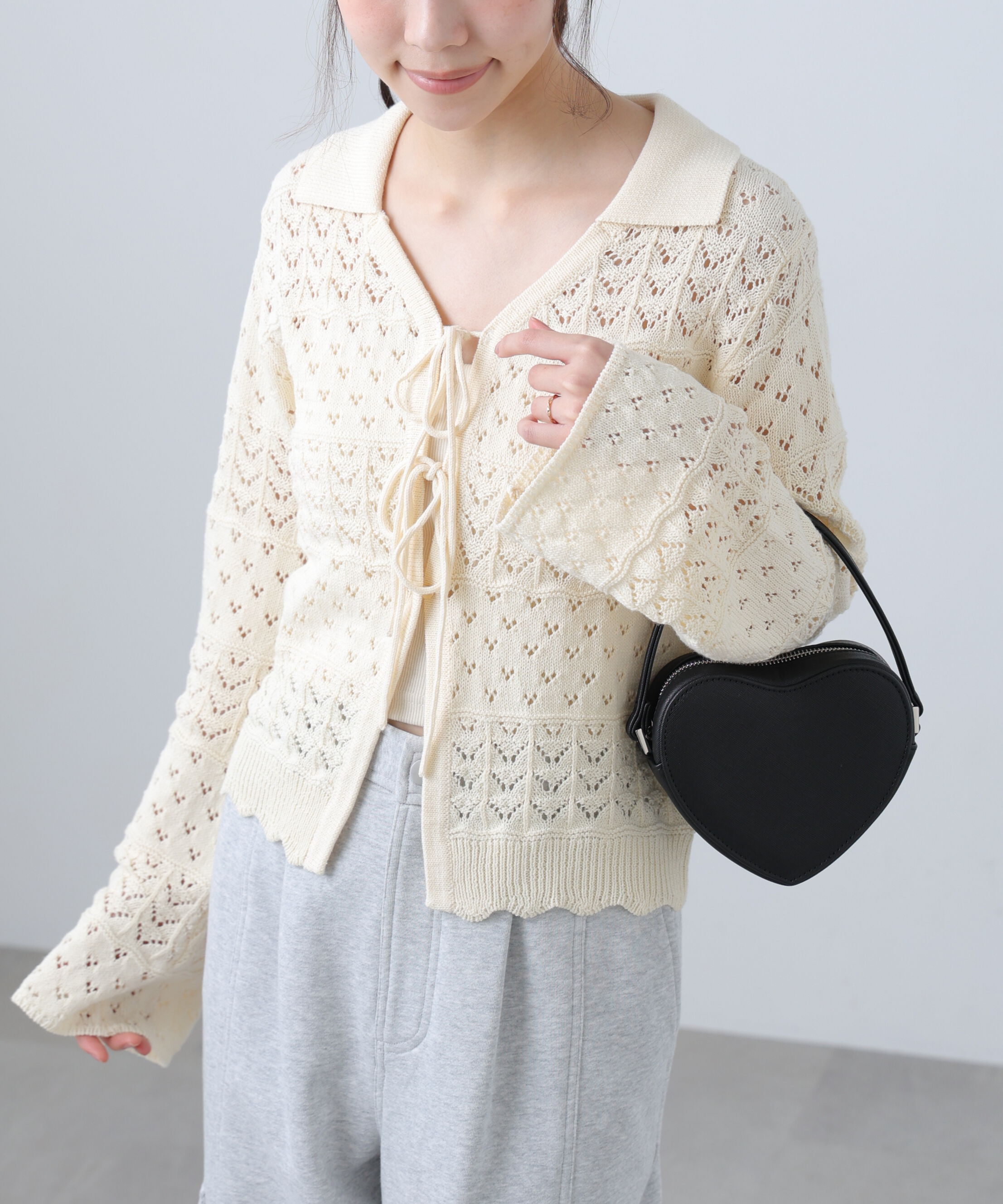  「透かし編み襟付きニットカーディガン」|ニット・セーター|