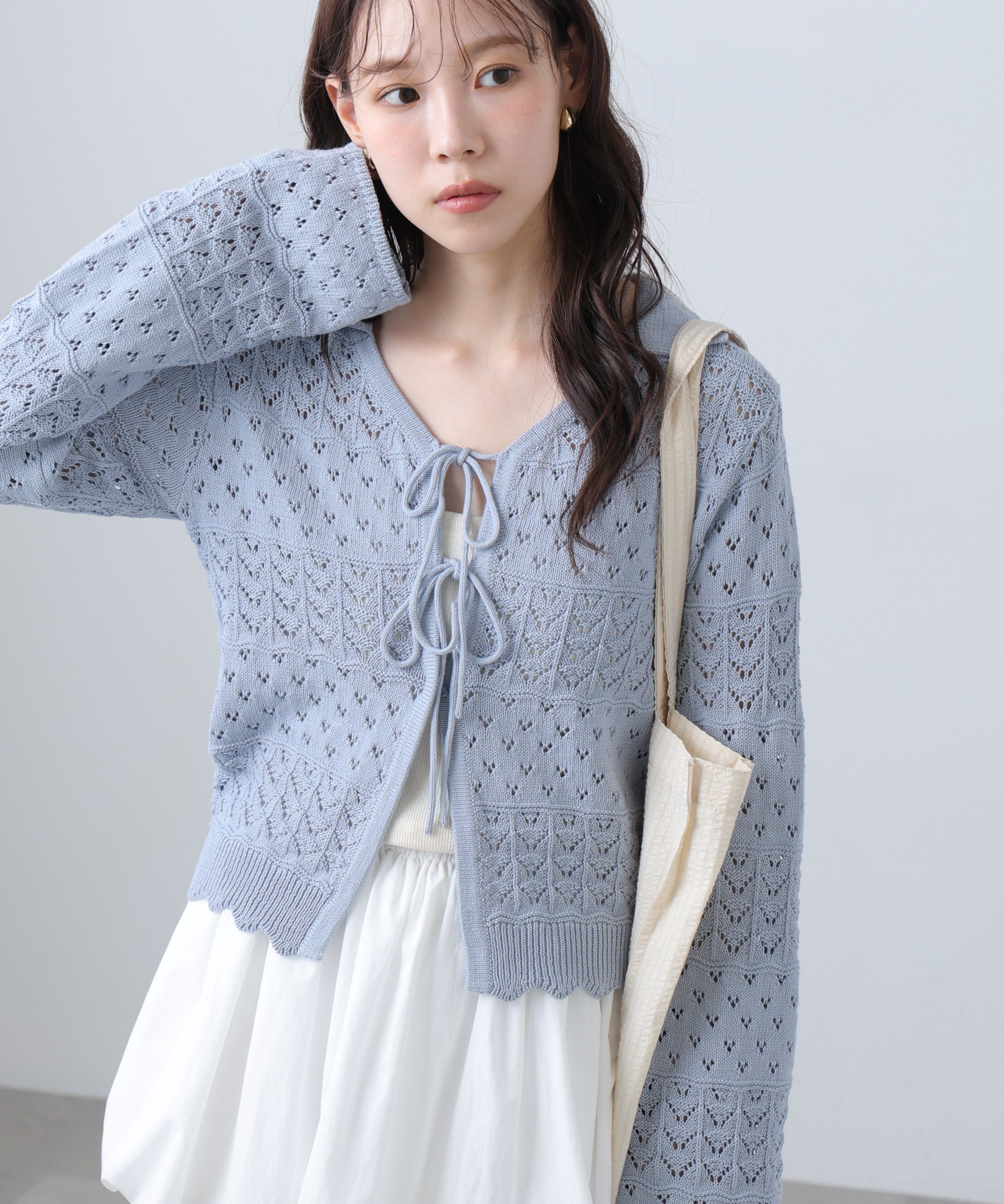  「透かし編み襟付きニットカーディガン」|ニット・セーター|サックス