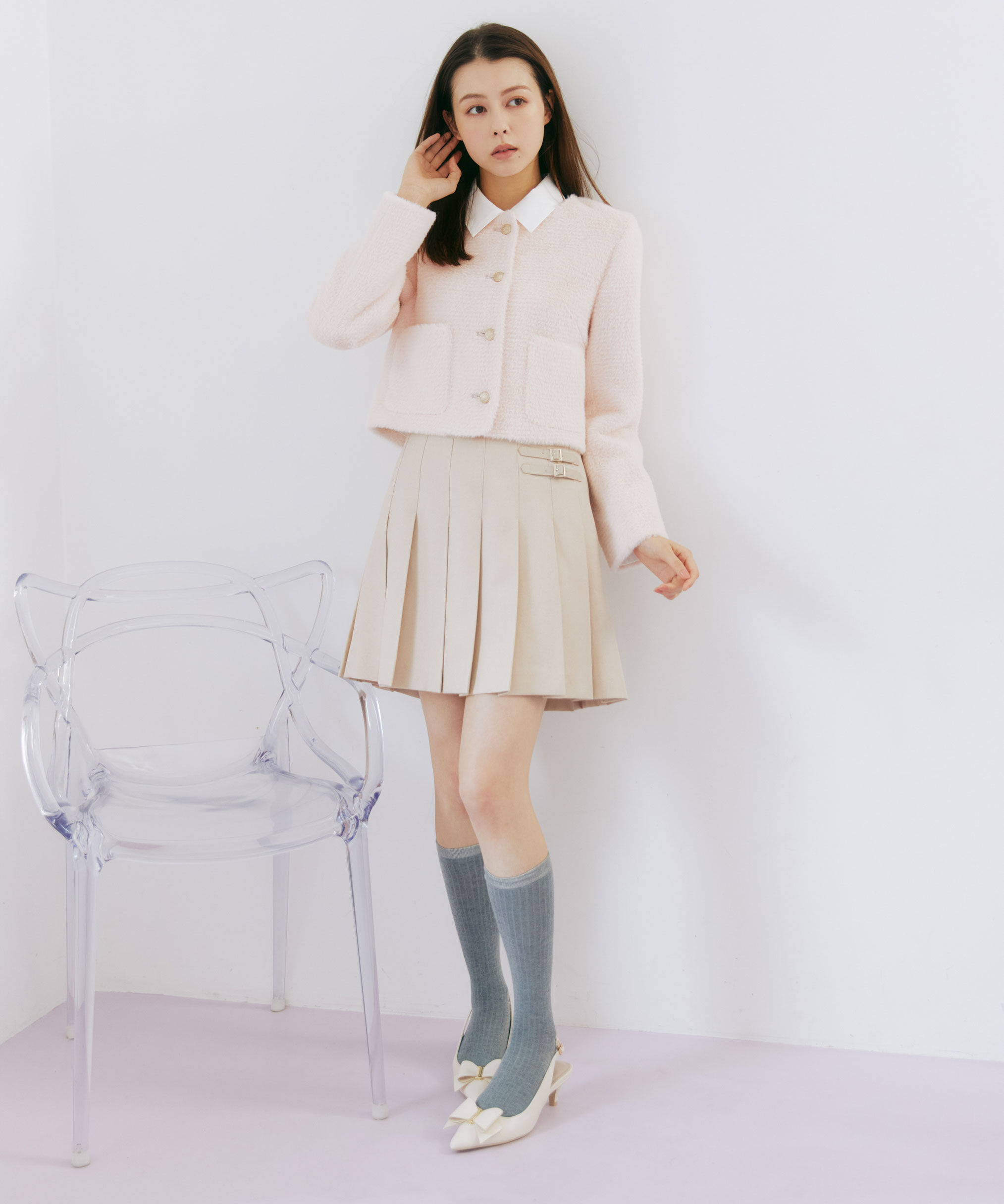  「サイドベルトプリーツミニスカート」|スカート|ベージュ