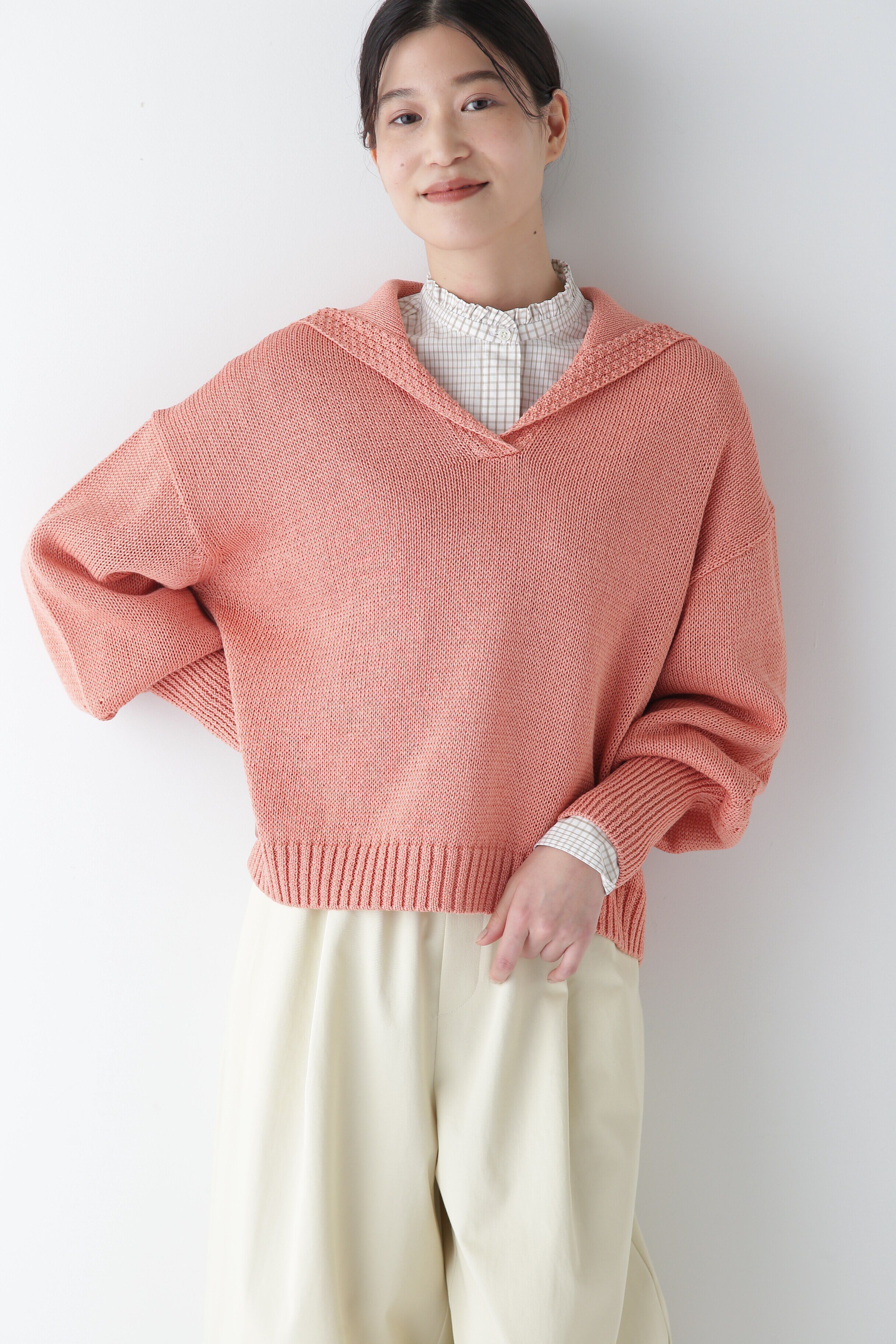  「◆【ウォッシャブル】ギマコットンセーラーカラープルオーバー」|ニット・セーター|サーモンピン