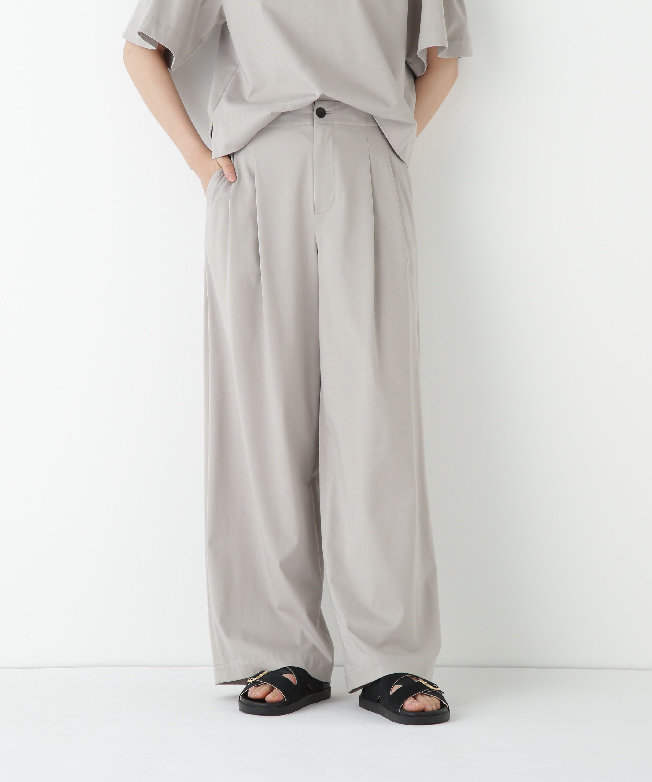  「◆プレーティング天竺タックセミワイドパンツ」|その他|グレージュ2