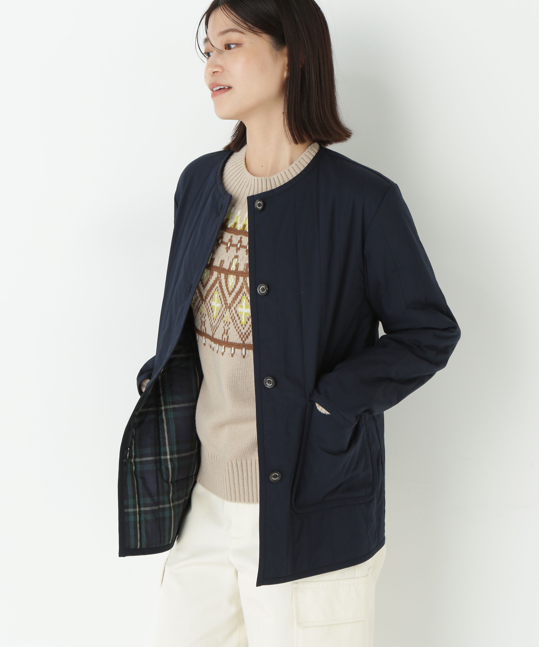  「◆バーティカルキルティングノーカラージャケット」|ブルゾン・スタジャン|