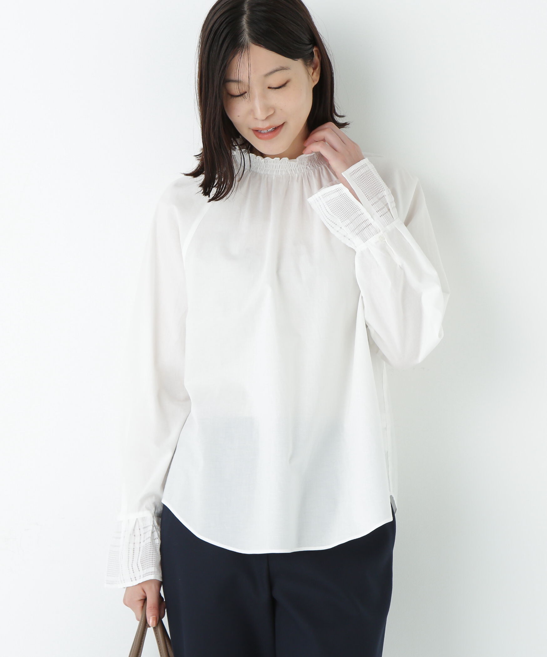  「袖チェックジャガードブラウス」|シャツ・ブラウス|オフホワイト