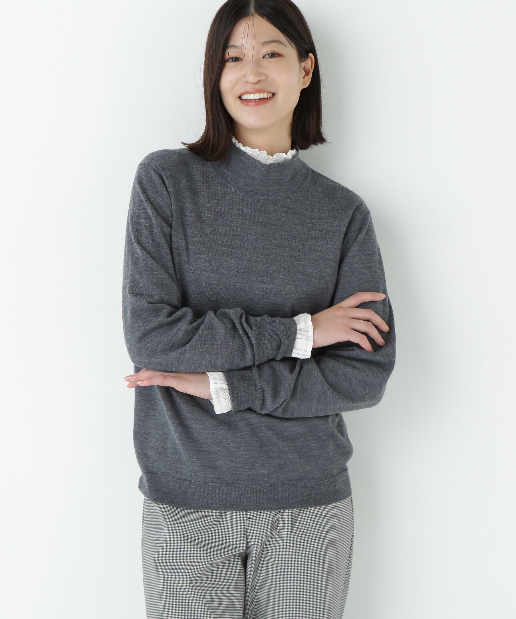  「梳毛天竺ハイネックプルオーバー」|ニット・セーター|チャコール1