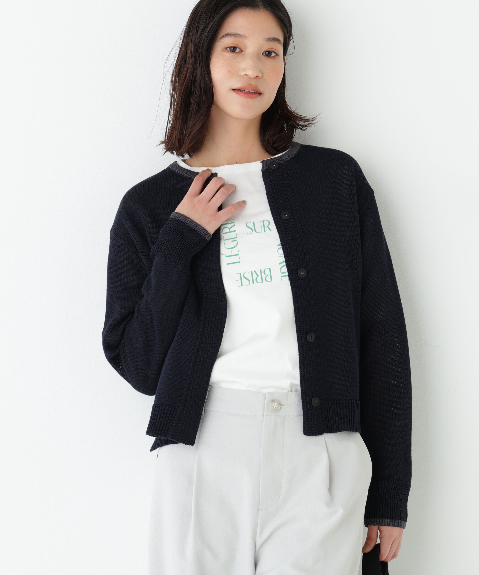  「◆《ウォッシャブル》ミドルゲージギマクルーネックカーディガン」|ニット・セーター|ネイビー