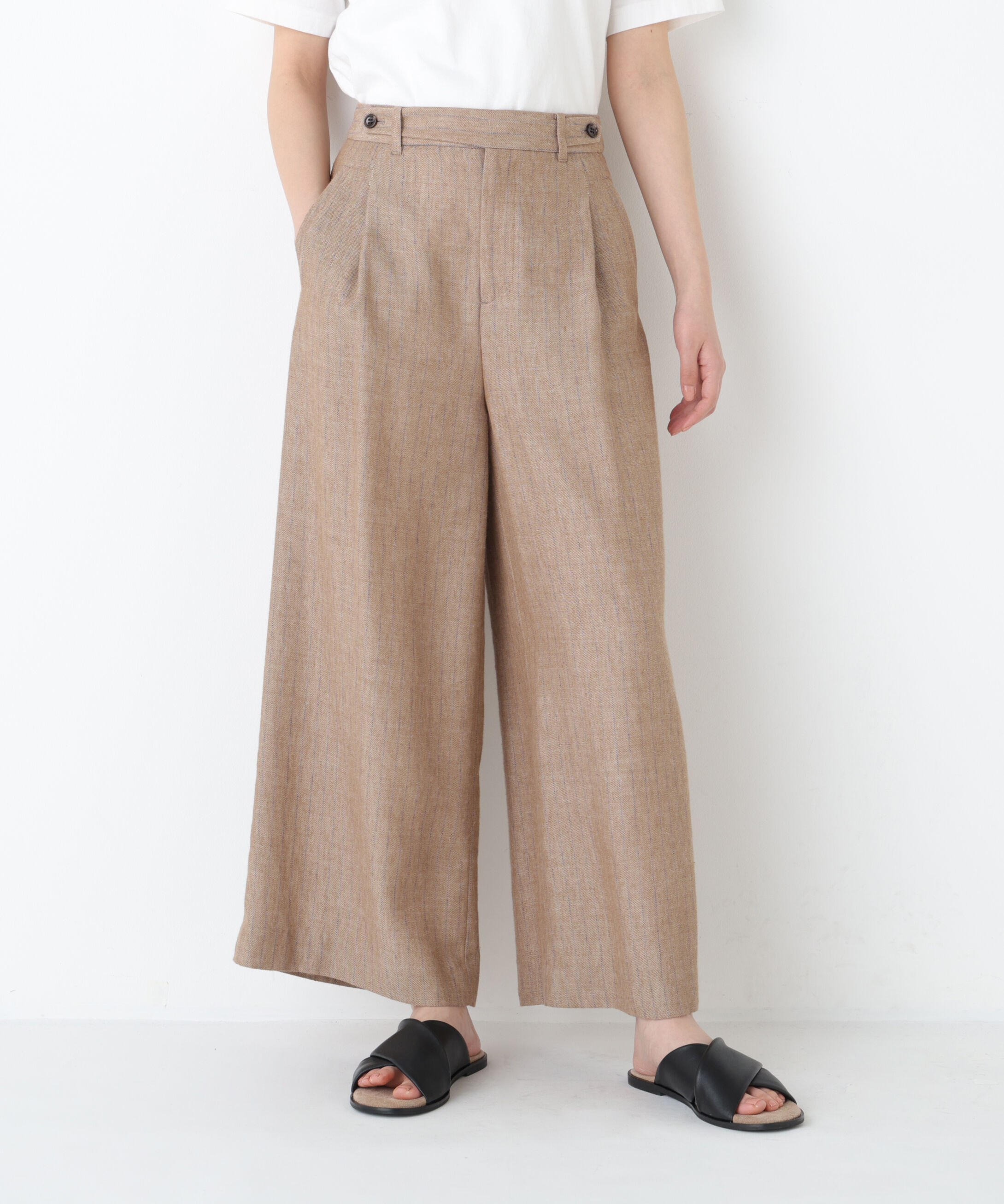  「◆《マルチサイズ/ウォッシャブル》ドライタッチリネン混ガウチョパンツ」|その他|ベージュxブル3