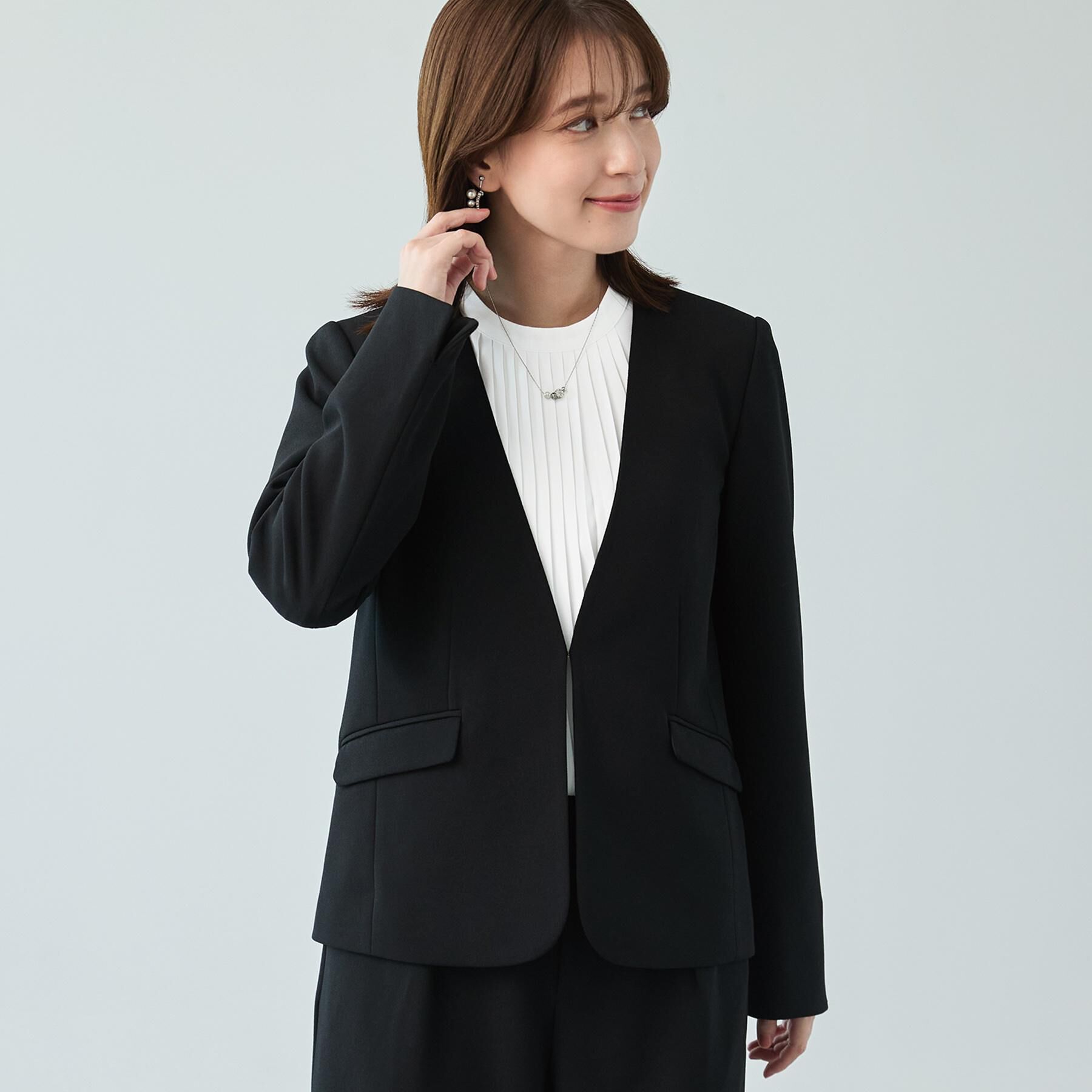 SHOO･LA･RUE「【洗濯機可/セットアップ可/S-3L】きちんと楽に。カットジョーゼットノーカラージャケット」|ノーカラージャケット|