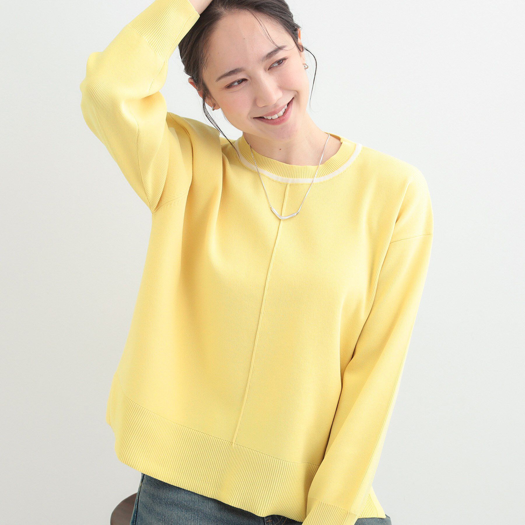 SHOO･LA･RUE「【洗濯機可/S-LL】軽やかなパイピングがポイント スウェットライクニット」|ニット・セーター|イエロー(031)