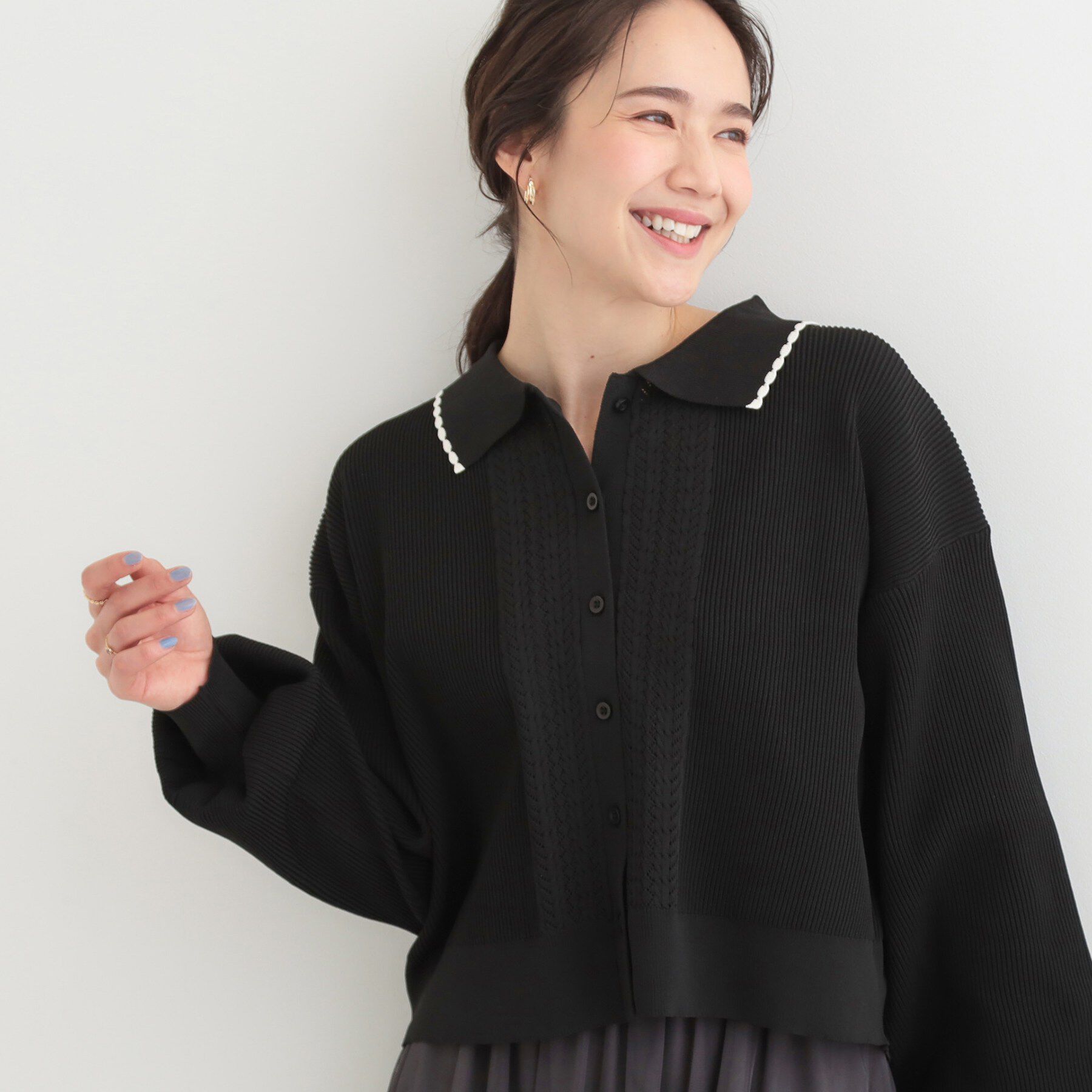 SHOO･LA･RUE「襟付きレース風カーディガン」|カーディガン|ブラック(019)