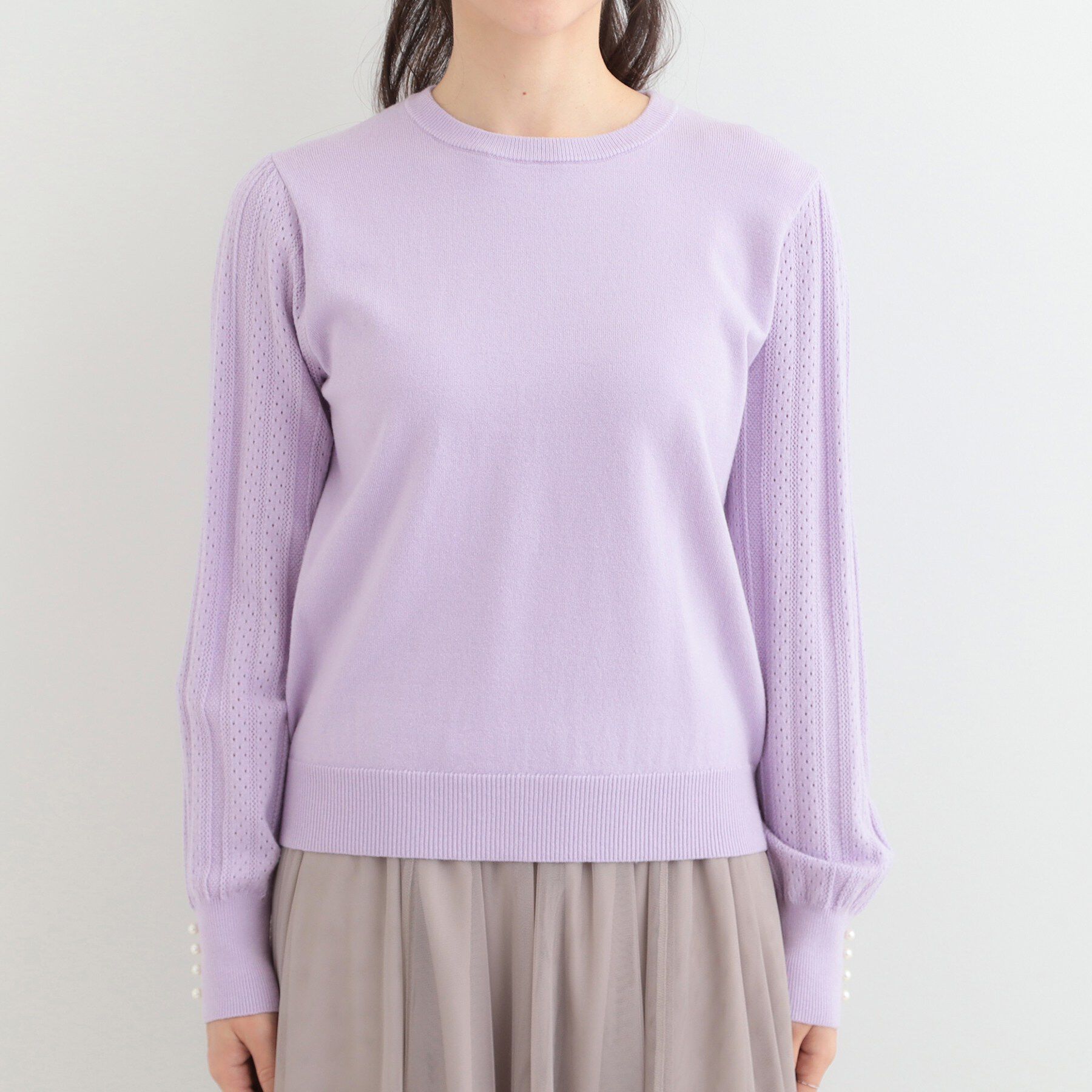 SHOO･LA･RUE「【洗濯機可/S-LL】手元美しく パールボタン&お袖編み柄切り替えニット」|ニット・セーター|