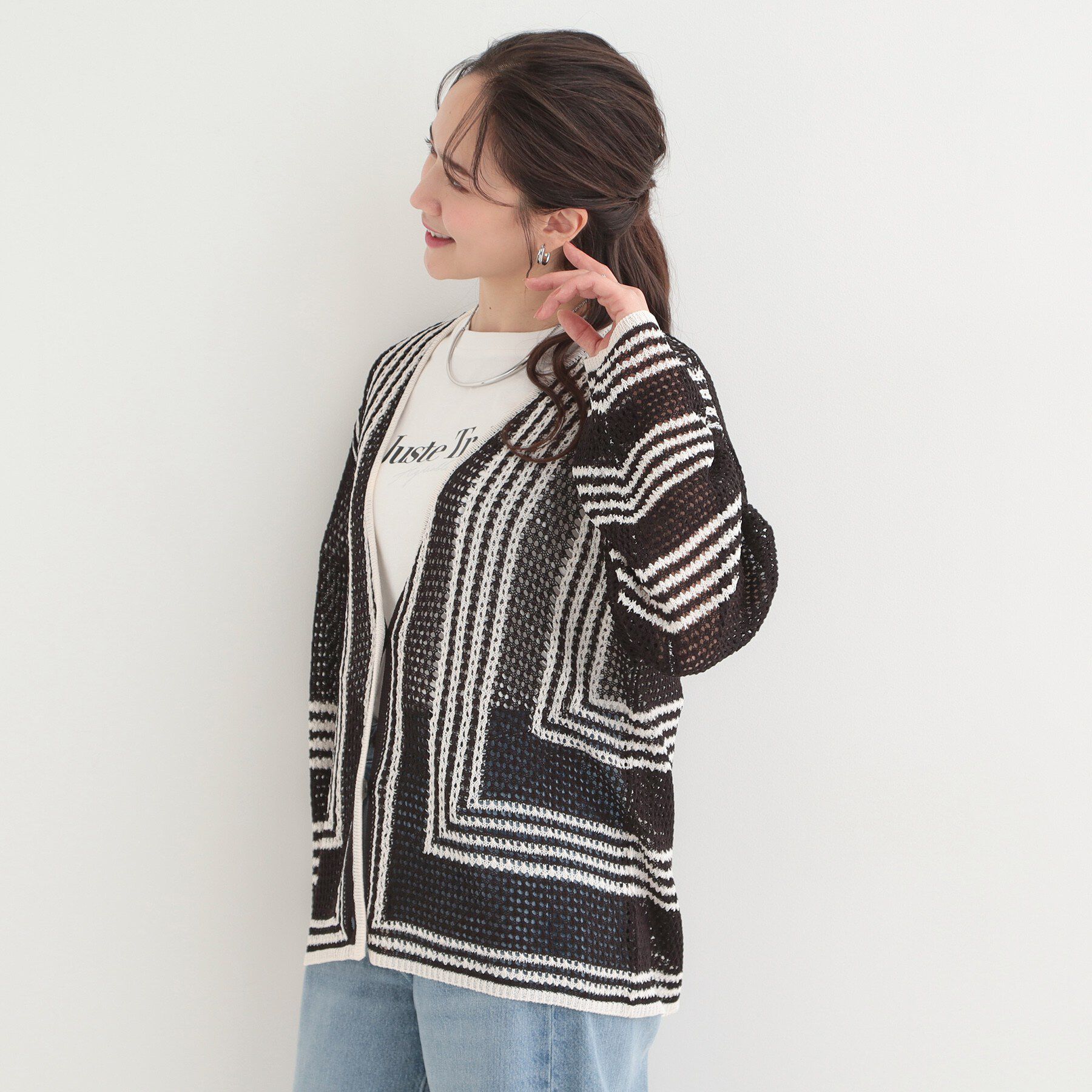 SHOO･LA･RUE「大人カジュアルなコーデに 配色クロシェ編み風カーディガン」|カーディガン|