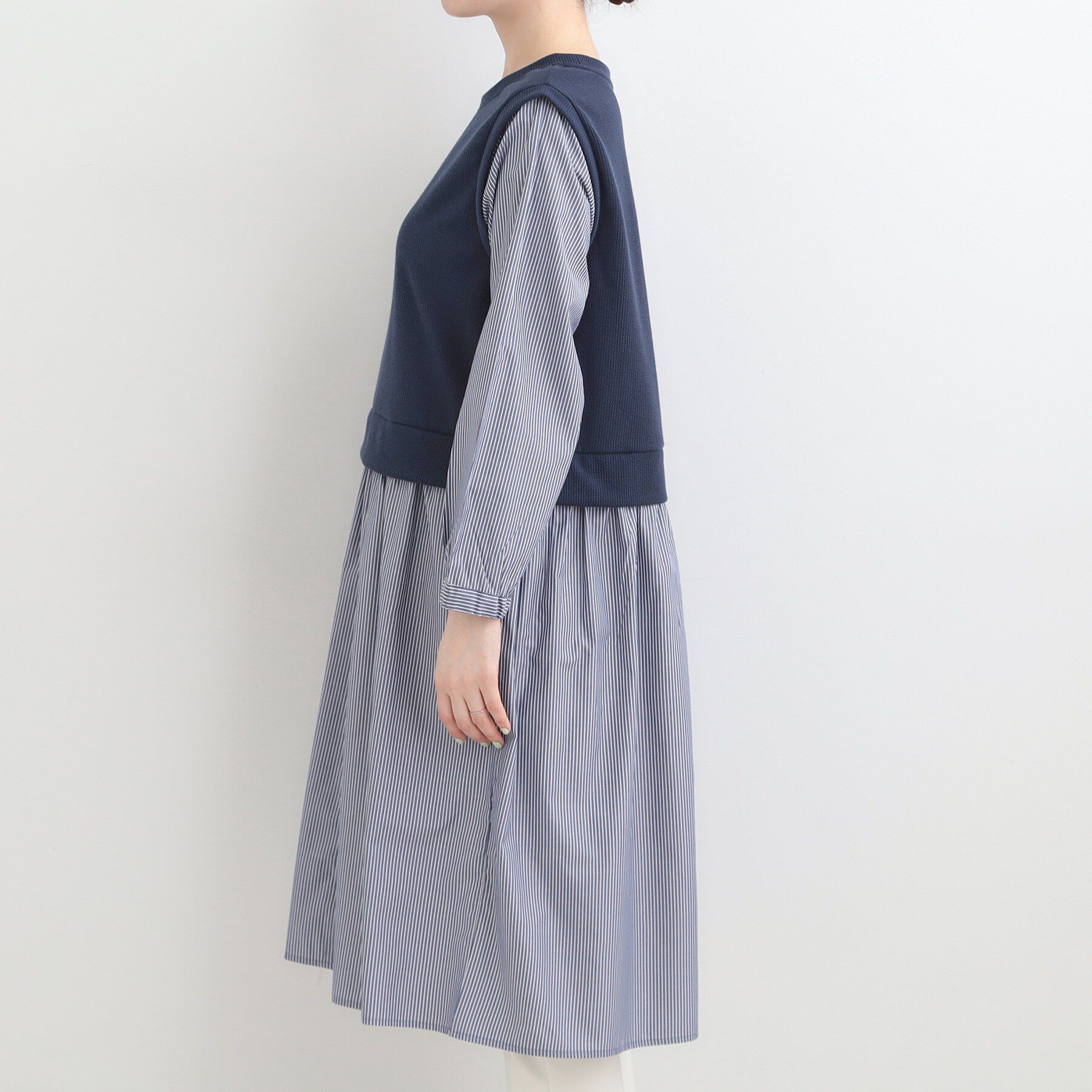 SHOO･LA･RUE「【S-LL/体型カバー】ストライプが爽やか　ベストドッキングシャツワンピース」|ワンピース|