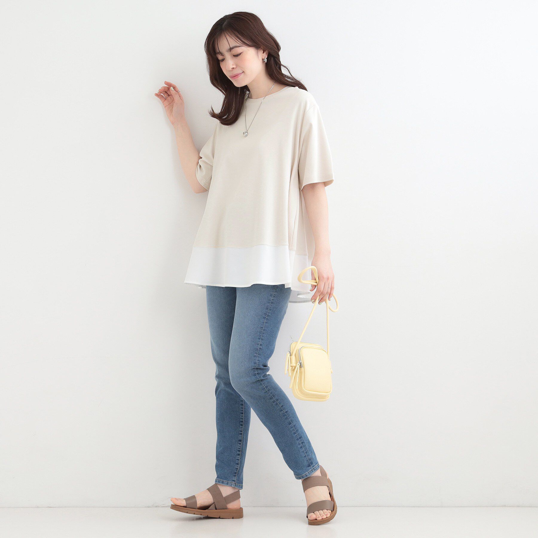 SHOO･LA･RUE「【接触冷感/UVカット/抗菌防臭】体型カバーも叶う　裾切り替えAライントップス」|Tシャツ・カットソー|