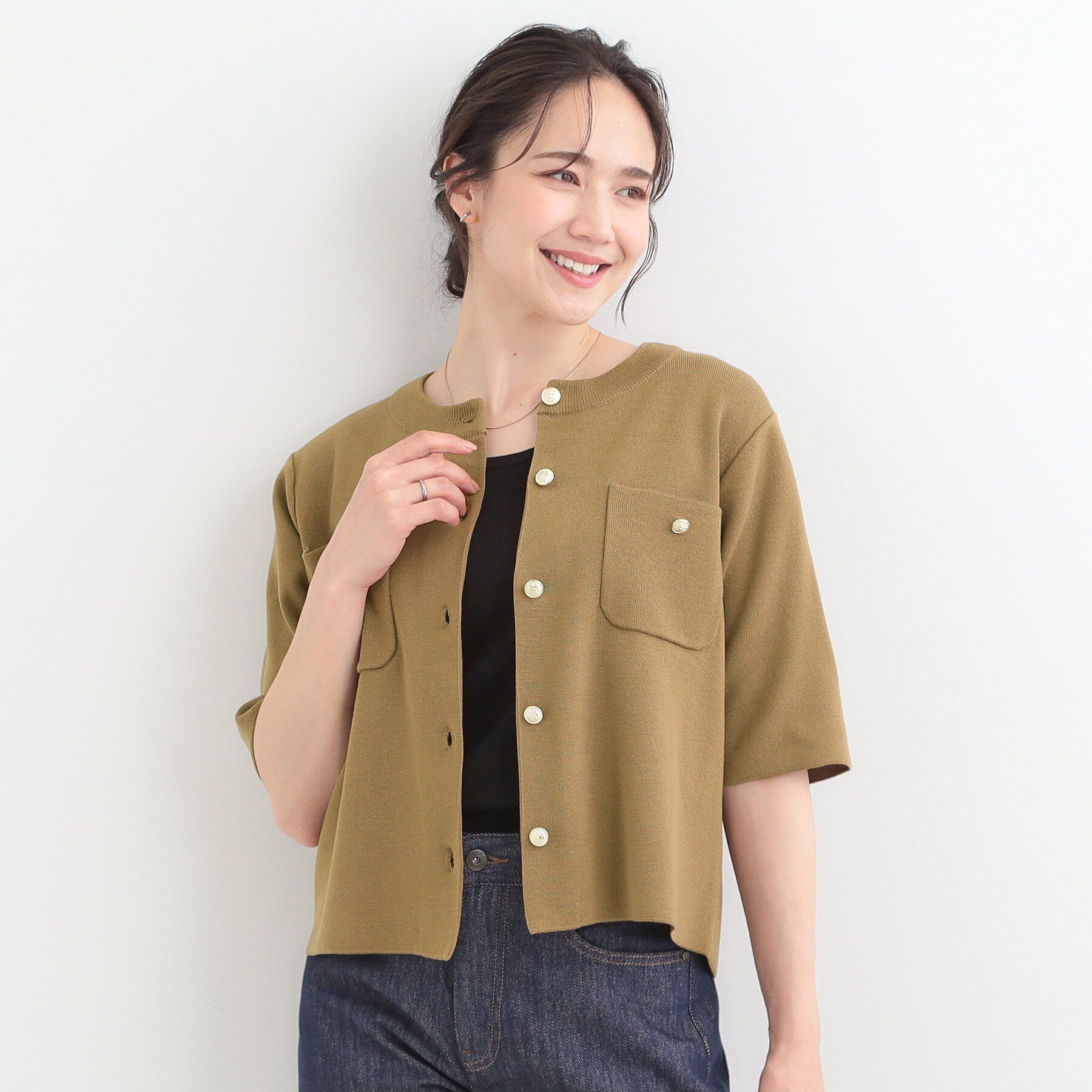 SHOO･LA･RUE「【S-LL/洗濯機可】金ボタン5分袖カーディガン」|カーディガン|