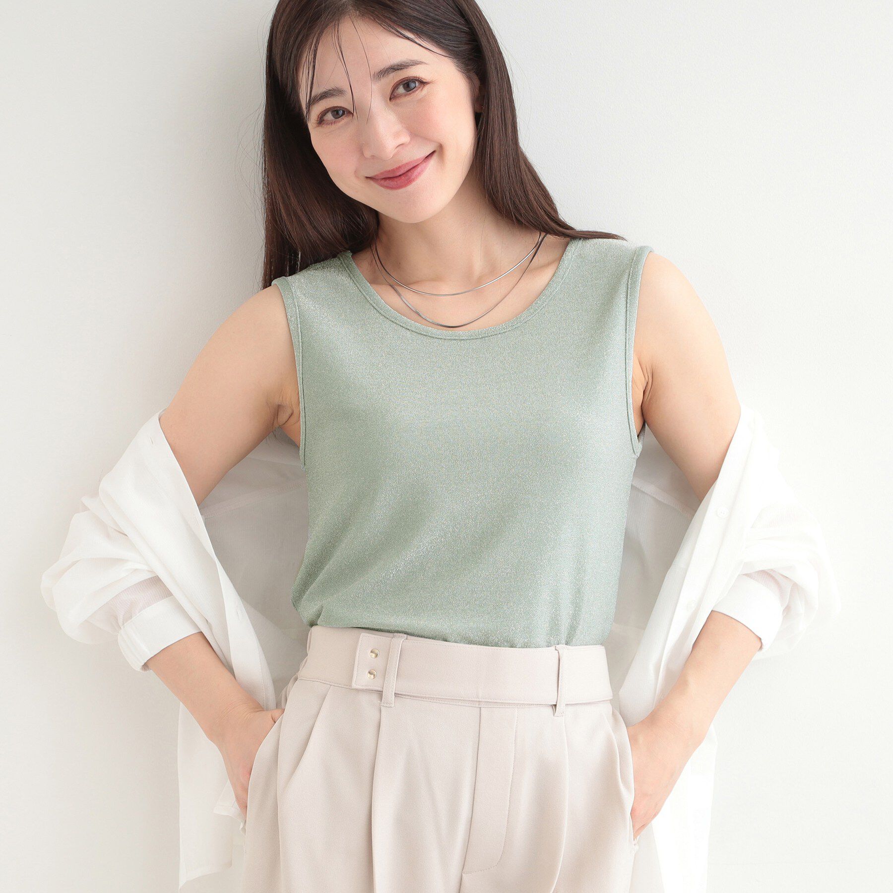 SHOO･LA･RUE「【前後2WAY/洗濯機可/S-LL】コーデのさりげないアクセントに　きらきらラメタンク」|キャミソール|ライトグリーン(02