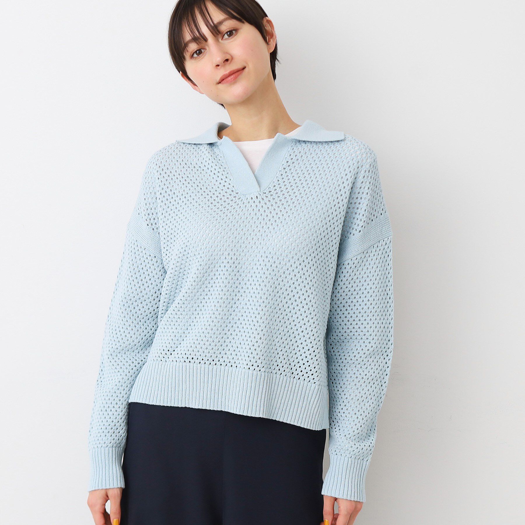 Dessin「【洗える】襟付きメッシュニット」|ニット・セーター|サックスブルー(09