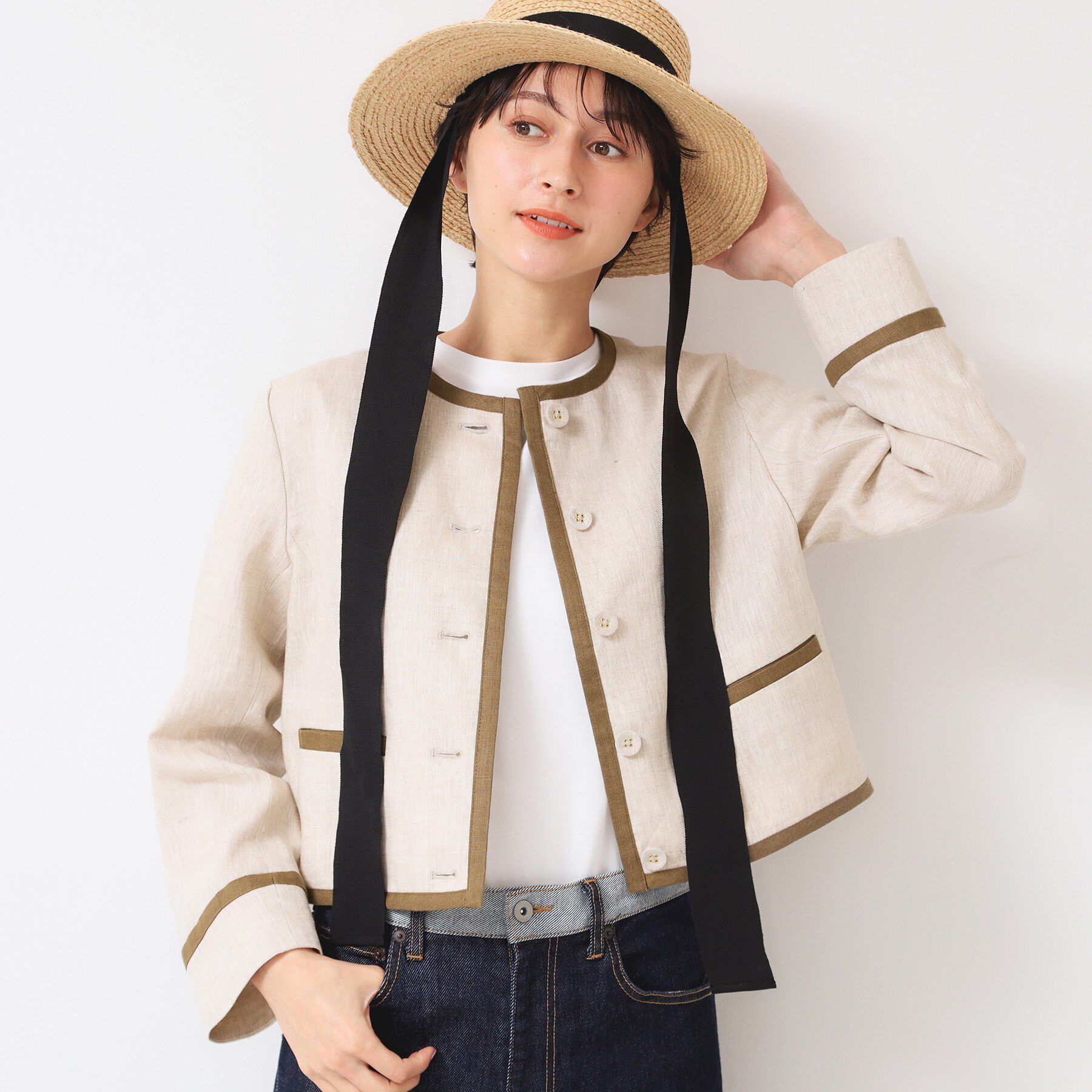 Dessin「【セットアップ可能・洗える】配色クルーネック麻ジャケット」|ノーカラージャケット|