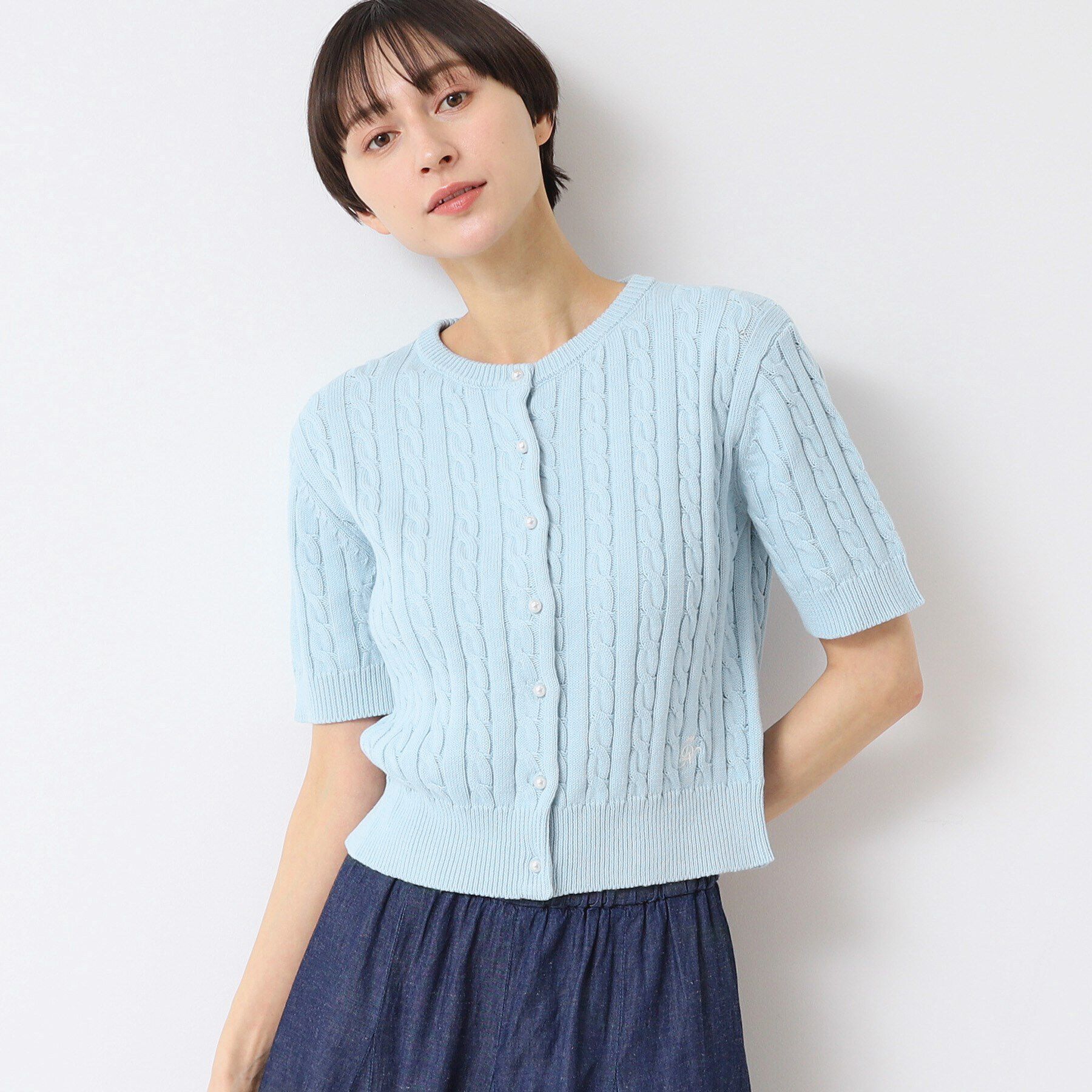 Dessin「【洗える】半袖ケーブルニットコットンカーディガン」|カーディガン|ブルー(091)