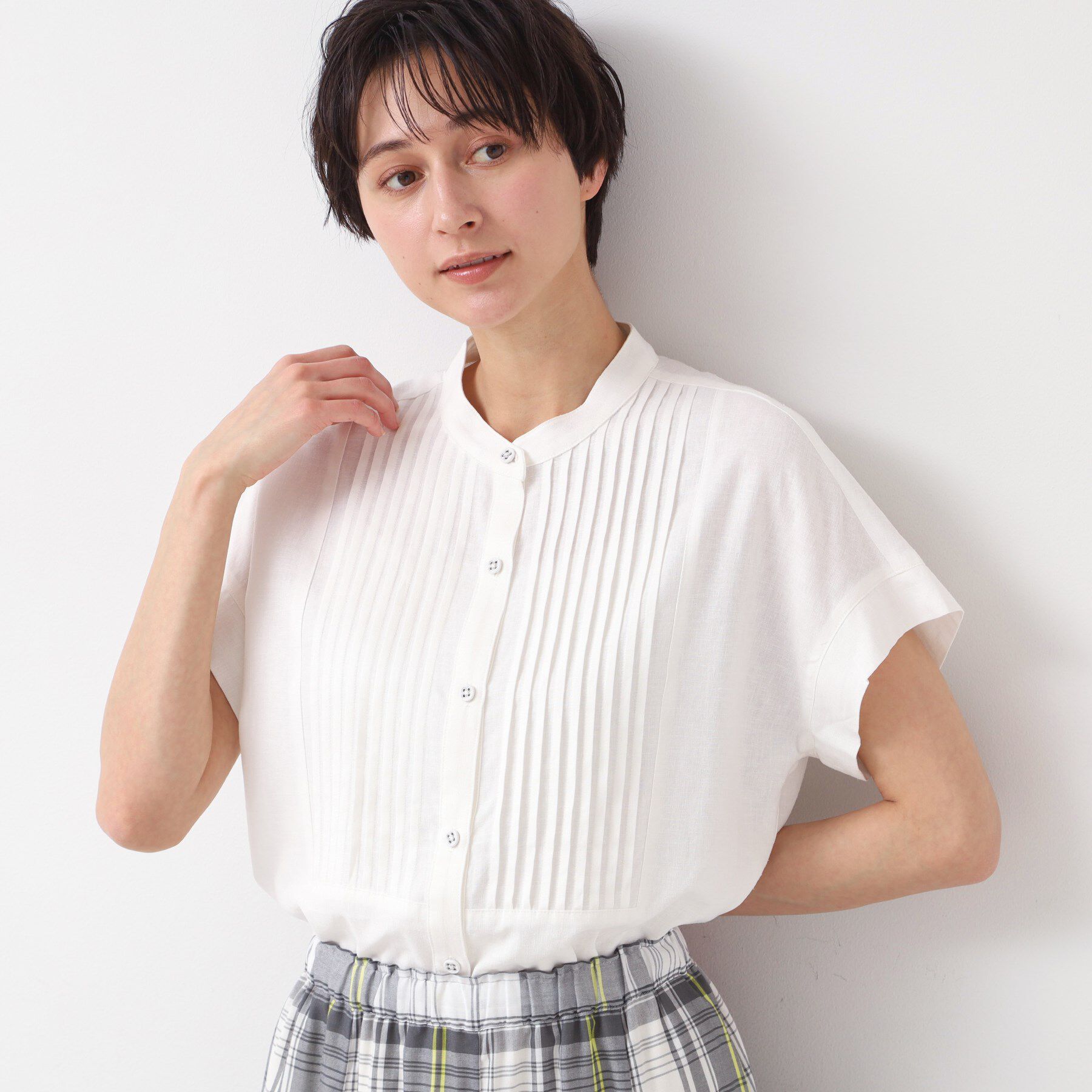 Dessin「【洗える】ピンタック入りバンドカラーブラウス（S～L）」|シャツ・ブラウス|ホワイト(001)