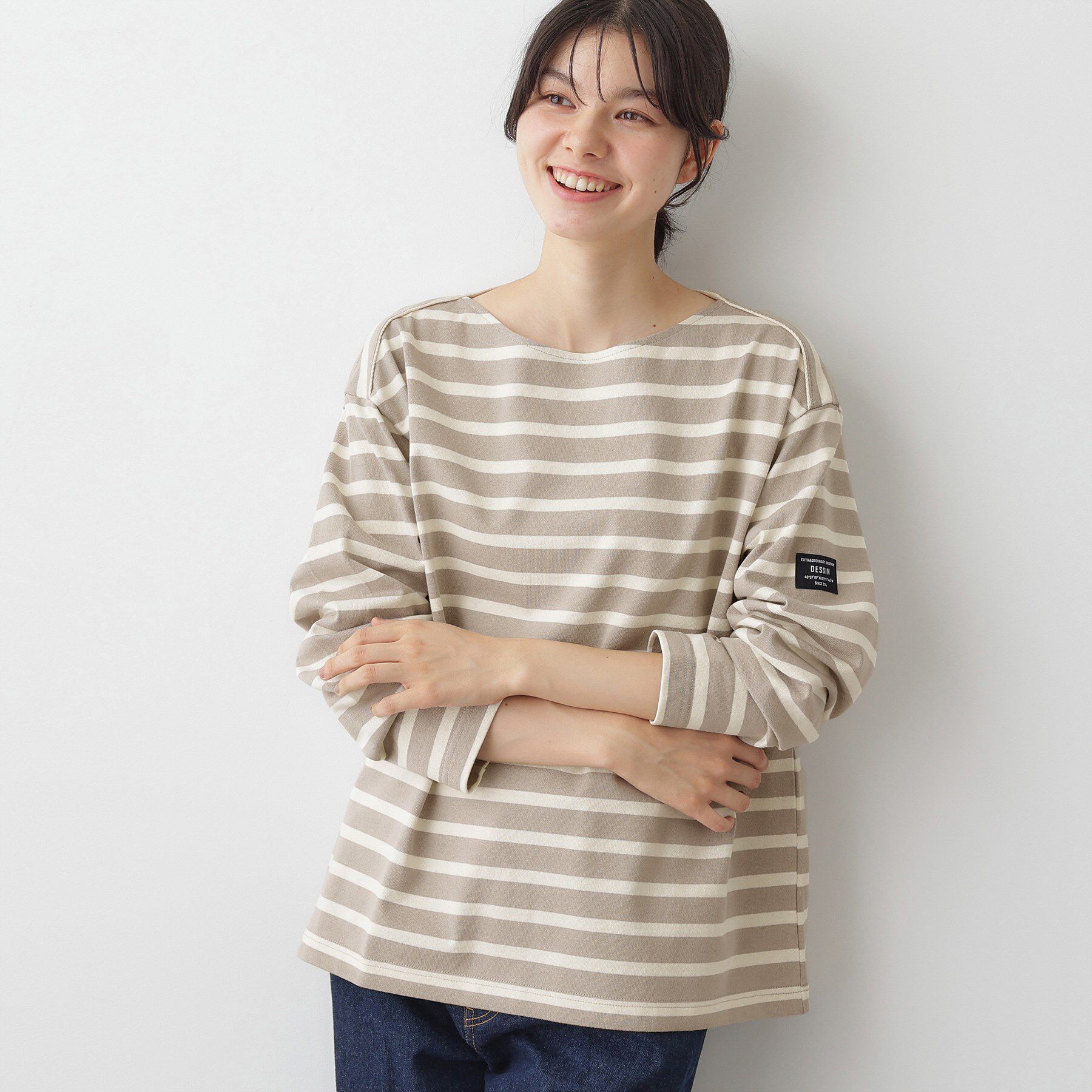 Dessin「【ユニセックス・洗える】ボートネックボーダーカットソー」|Tシャツ・カットソー|グレージュ(350)