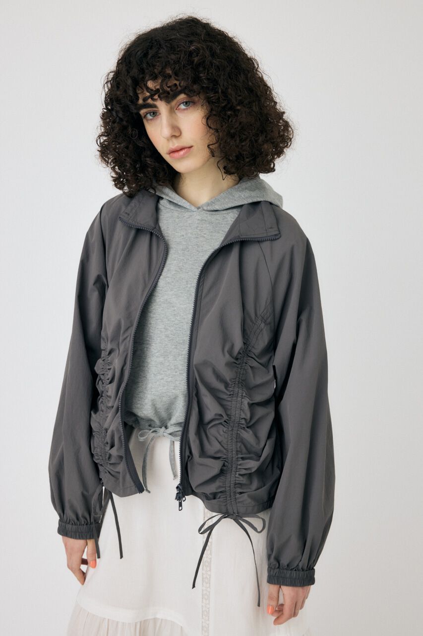 MOUSSY「RIBBON GATHER NYLON ジャケット」|ブルゾン・スタジャン|L/BLK1