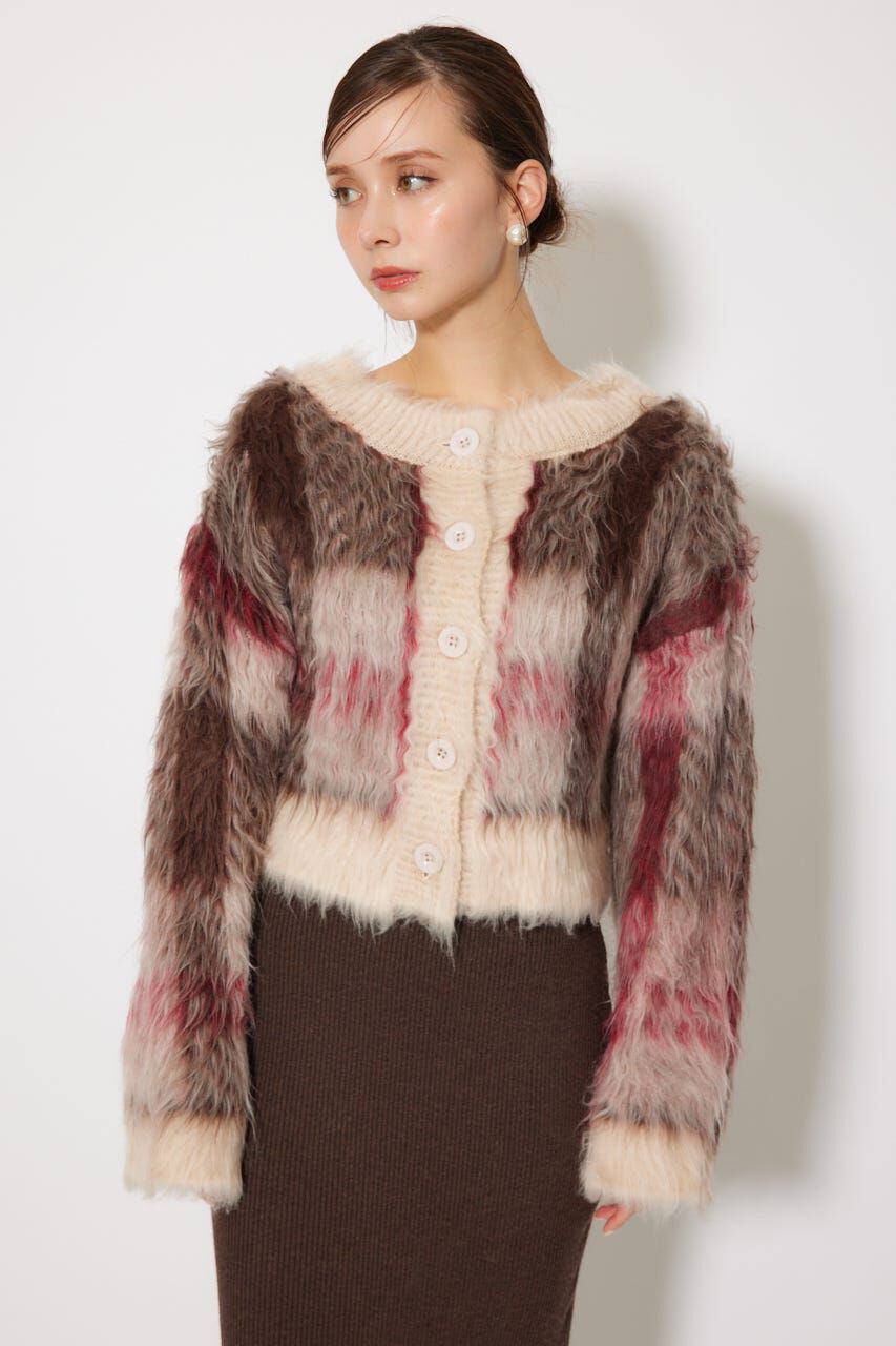 rienda「2WAYロングシャギーチェックショートニットカーディガン」|カーディガン|柄BEG5