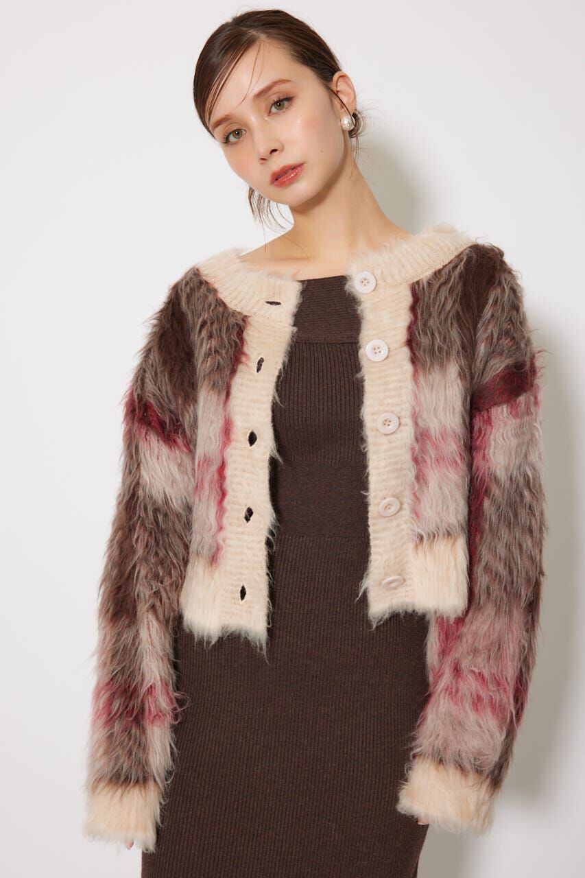 rienda「2WAYロングシャギーチェックショートニットカーディガン」|カーディガン|