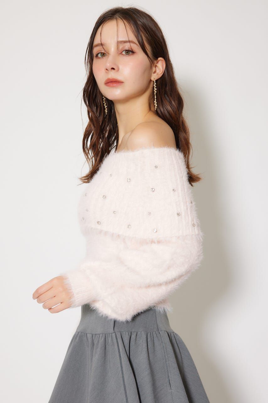 rienda「オフショルビジューシャギーニットトップス」|ニット・セーター|