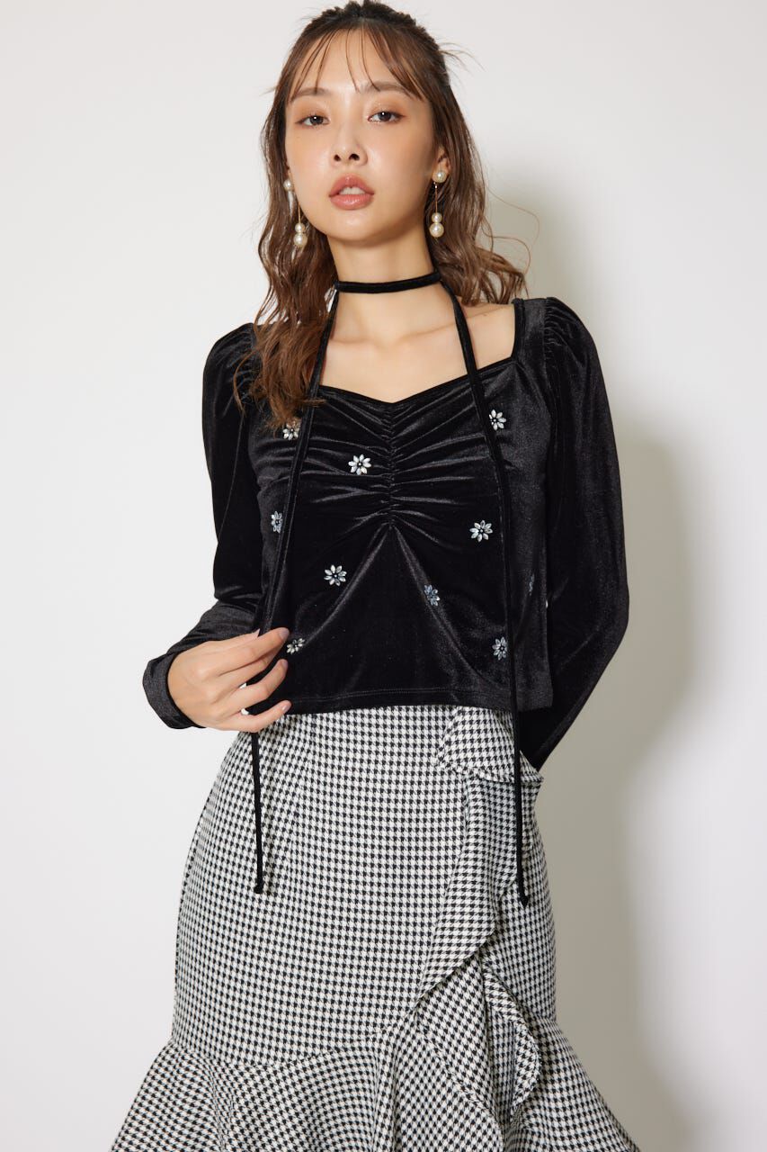 rienda「チョーカーセットフラワービジューベロアトップス」|Tシャツ・カットソー|BLK