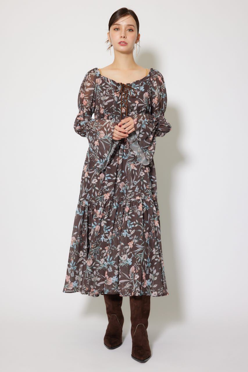 rienda「レースアップフラワーパターンフレアワンピース」|ワンピース|