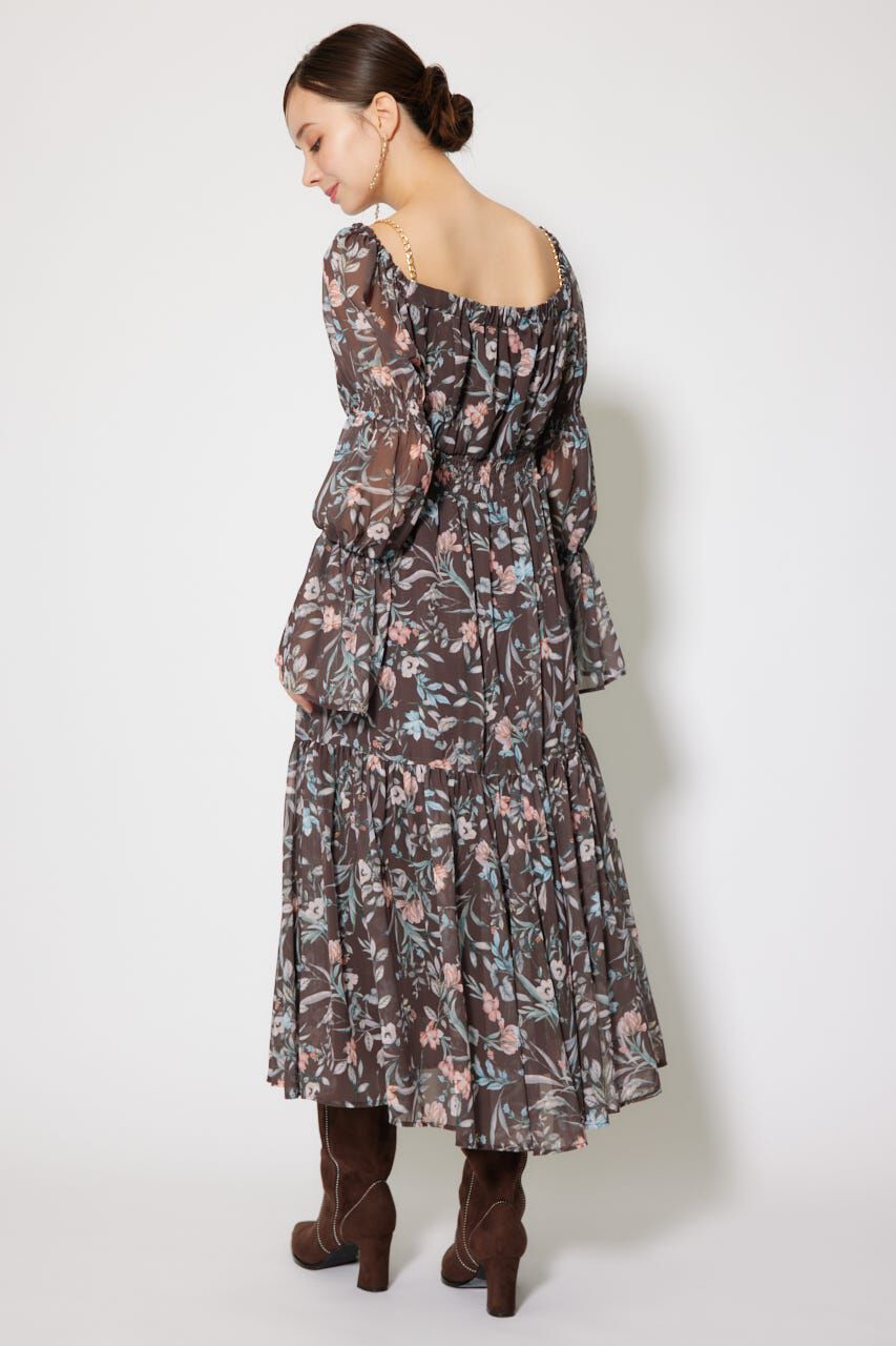 rienda「レースアップフラワーパターンフレアワンピース」|ワンピース|