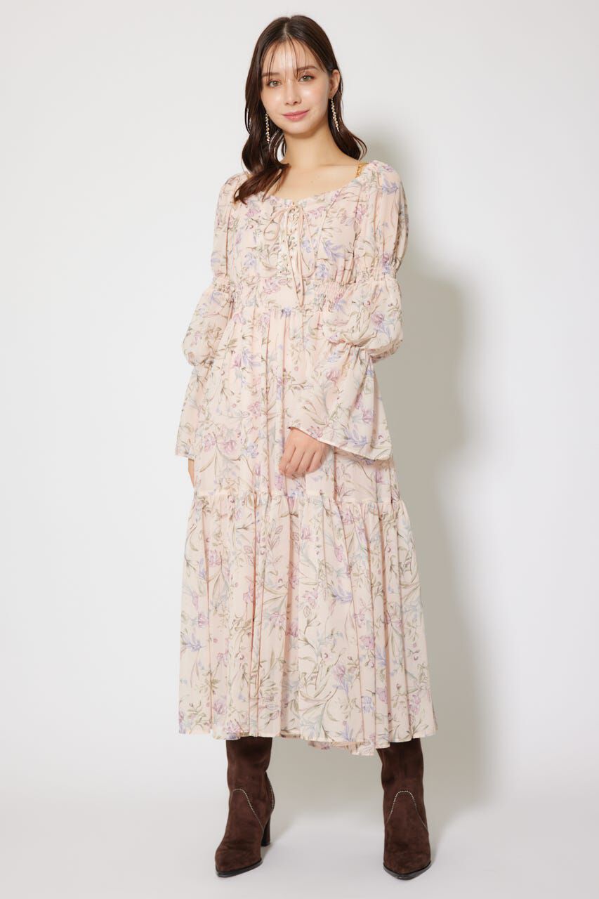 rienda「レースアップフラワーパターンフレアワンピース」|ワンピース|L/PNK1