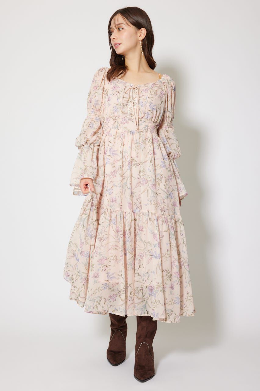 rienda「レースアップフラワーパターンフレアワンピース」|ワンピース|