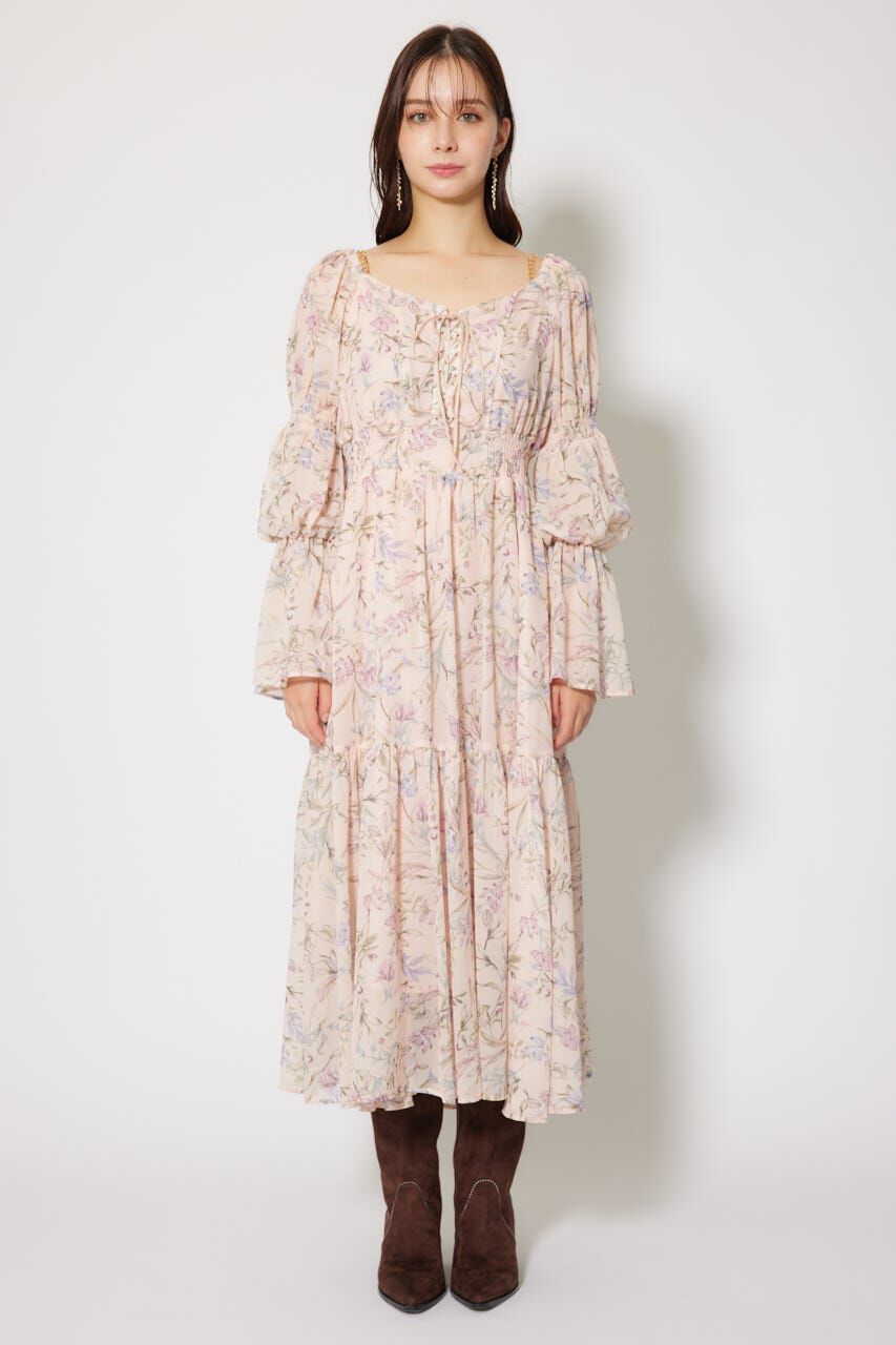 rienda「レースアップフラワーパターンフレアワンピース」|ワンピース|