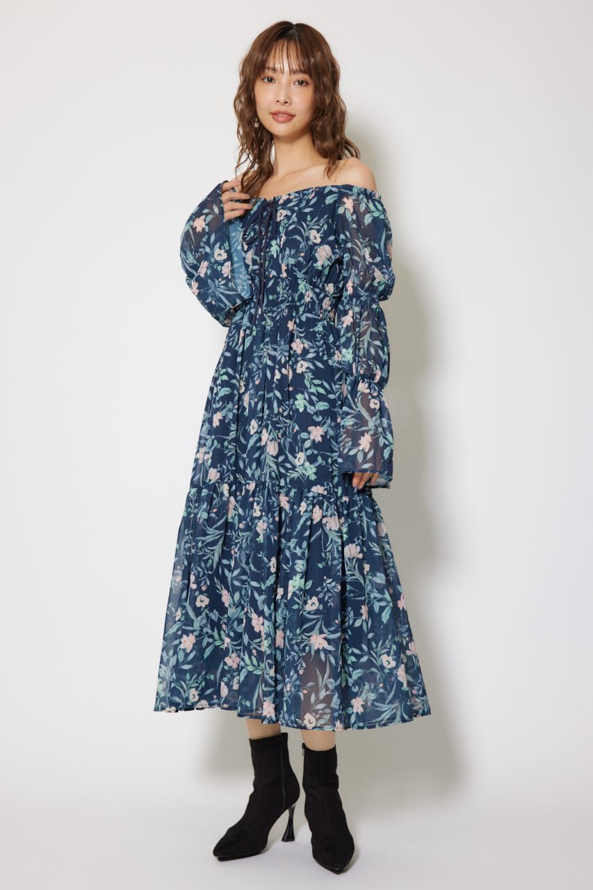 rienda「レースアップフラワーパターンフレアワンピース」|ワンピース|