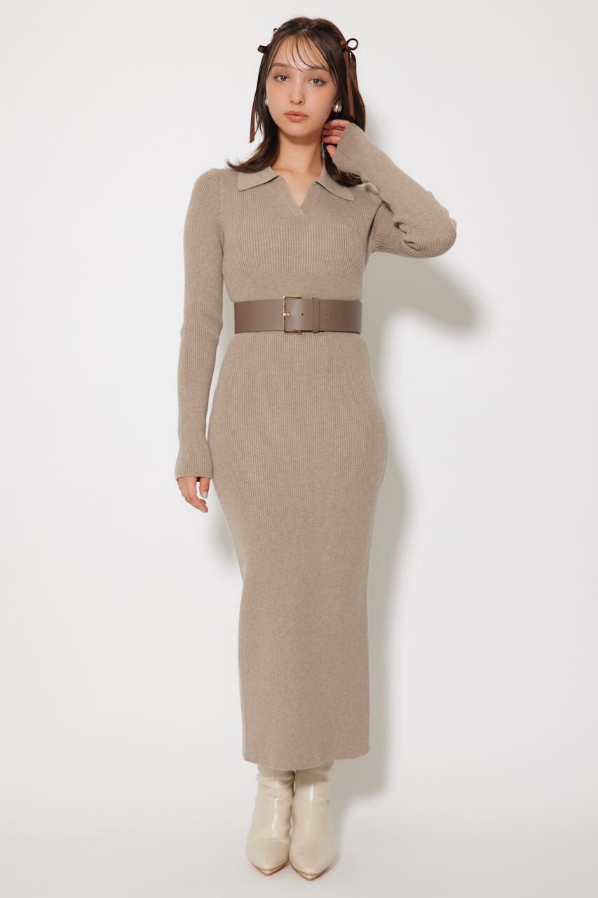 rienda「スキッパーニットワンピース」|ワンピース|BEG