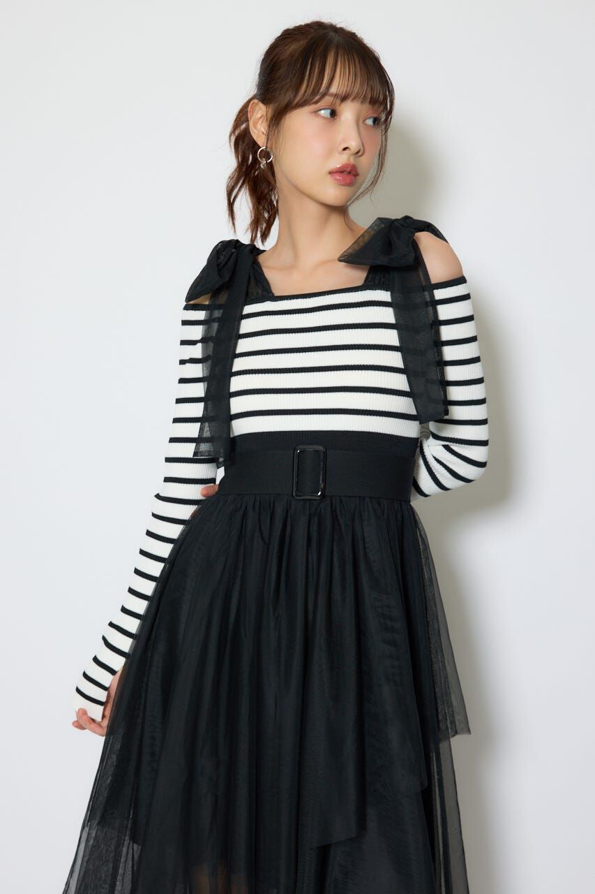 rienda「ショルダーリボンチュールニットワンピース」|ワンピース|